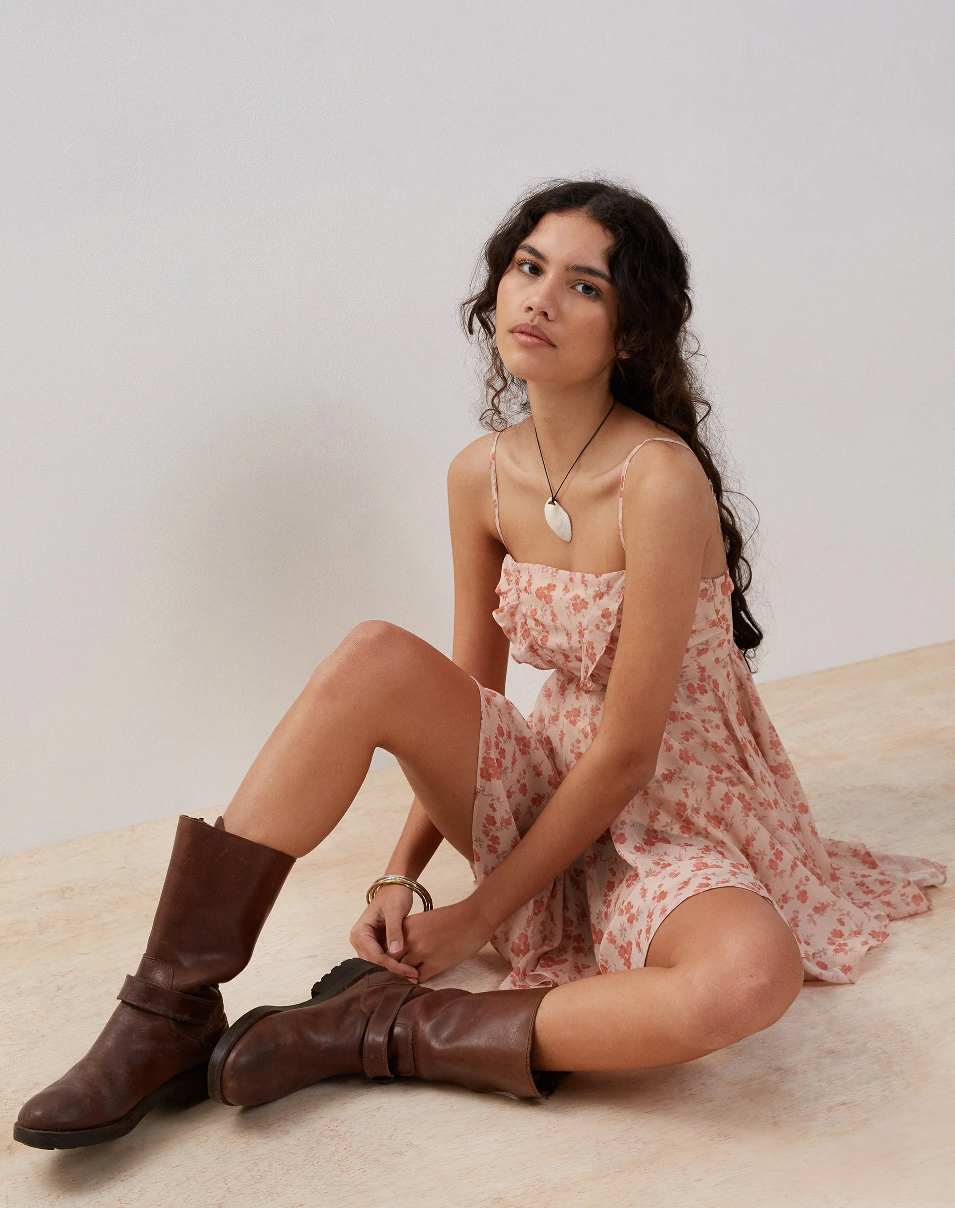Raftar Frill Chiffon Mini Dress in Peach Cherry Blossom - Image 6