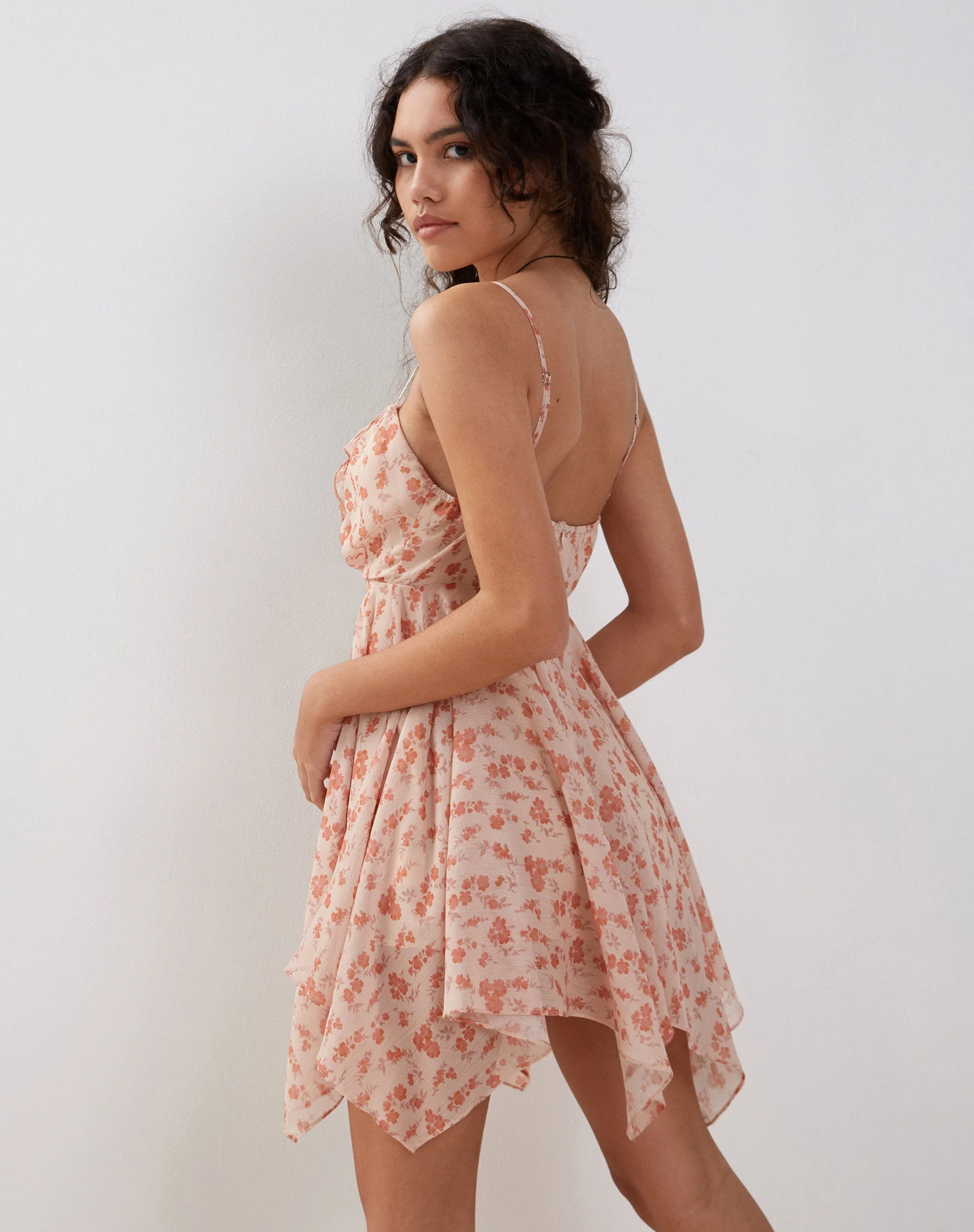 Raftar Frill Chiffon Mini Dress in Peach Cherry Blossom - Image 7