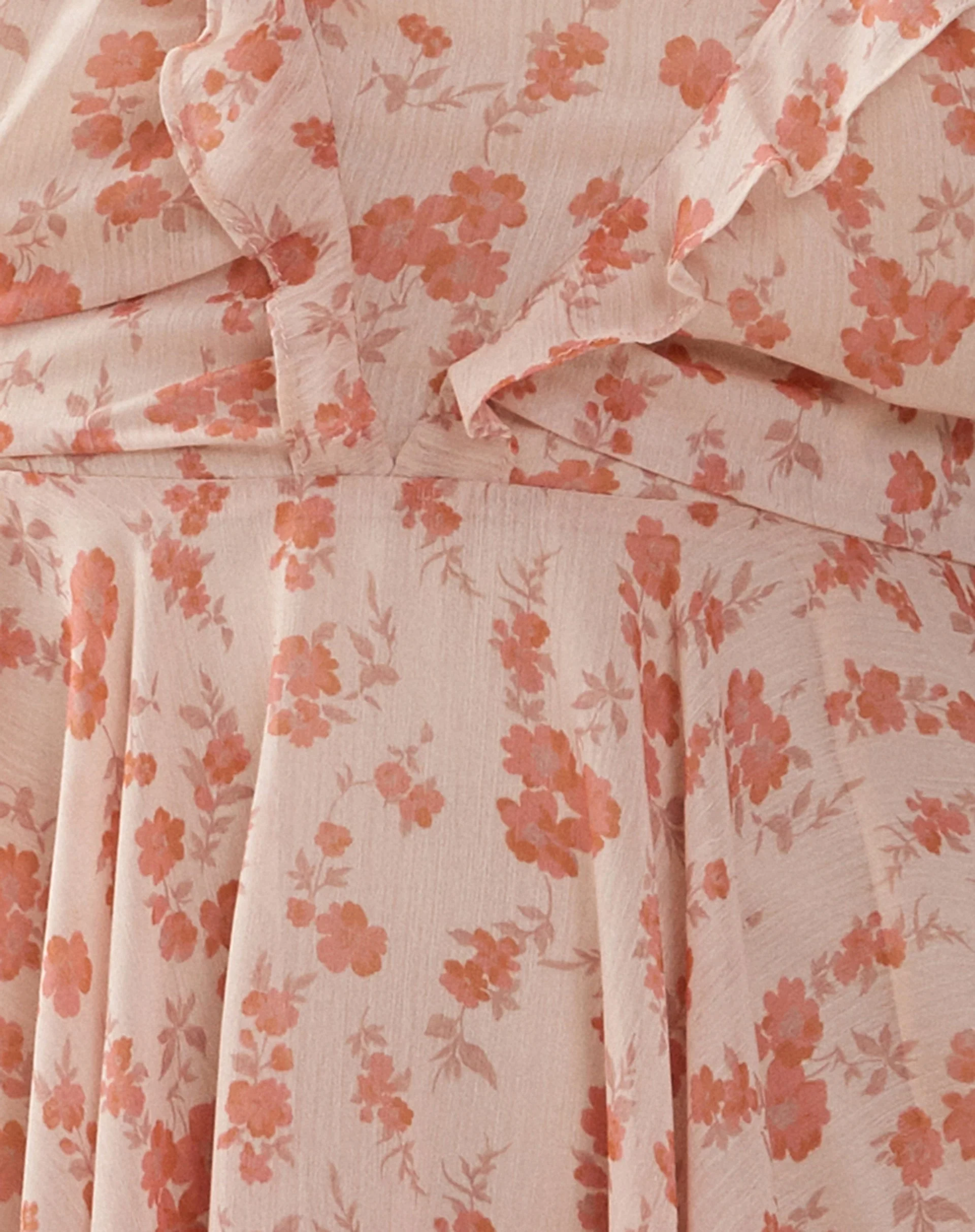 Raftar Frill Chiffon Mini Dress in Peach Cherry Blossom - Image 8