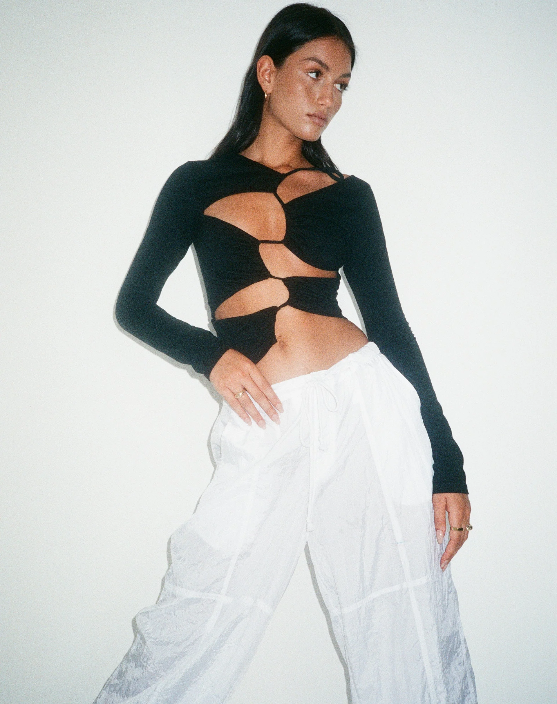 MOTEL X OLIVIA NEILL Rajina Cut Out Long Sleeve Top in Lycra Black - Image 3