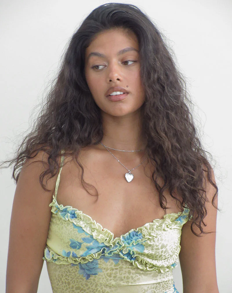 Ranita Ruffle Trim Cami Top in Green Blurred Jungle with Turquoise Rose - Image 3