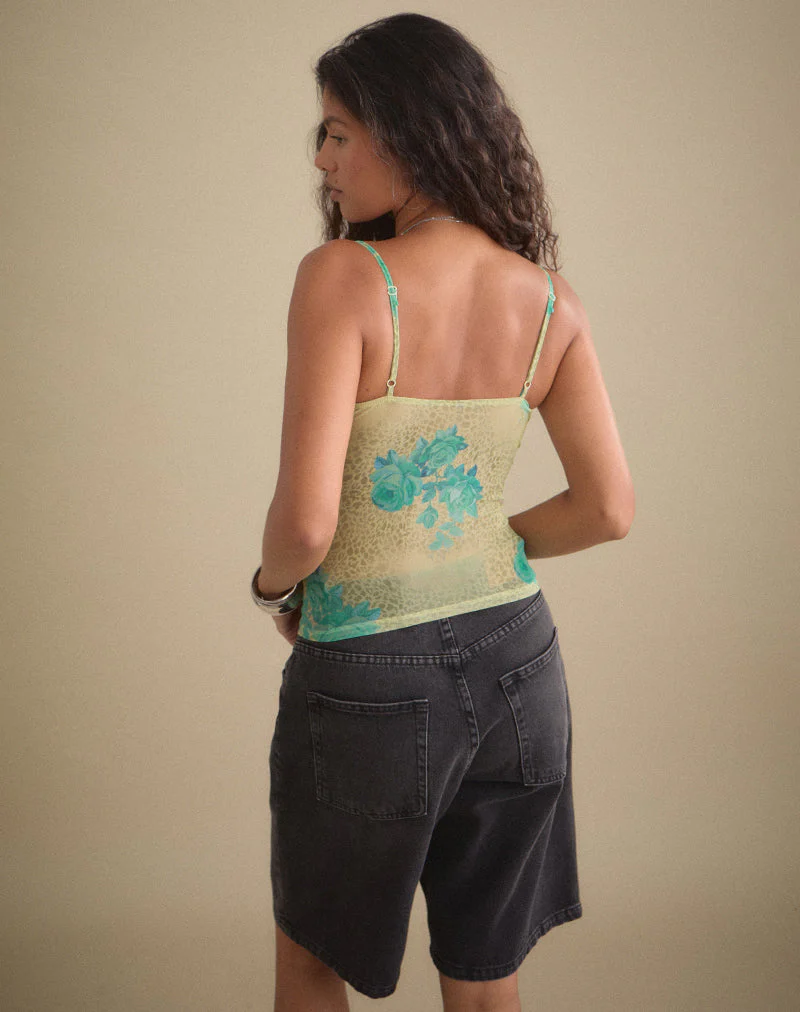 Ranita Ruffle Trim Cami Top in Green Blurred Jungle with Turquoise Rose - Image 5