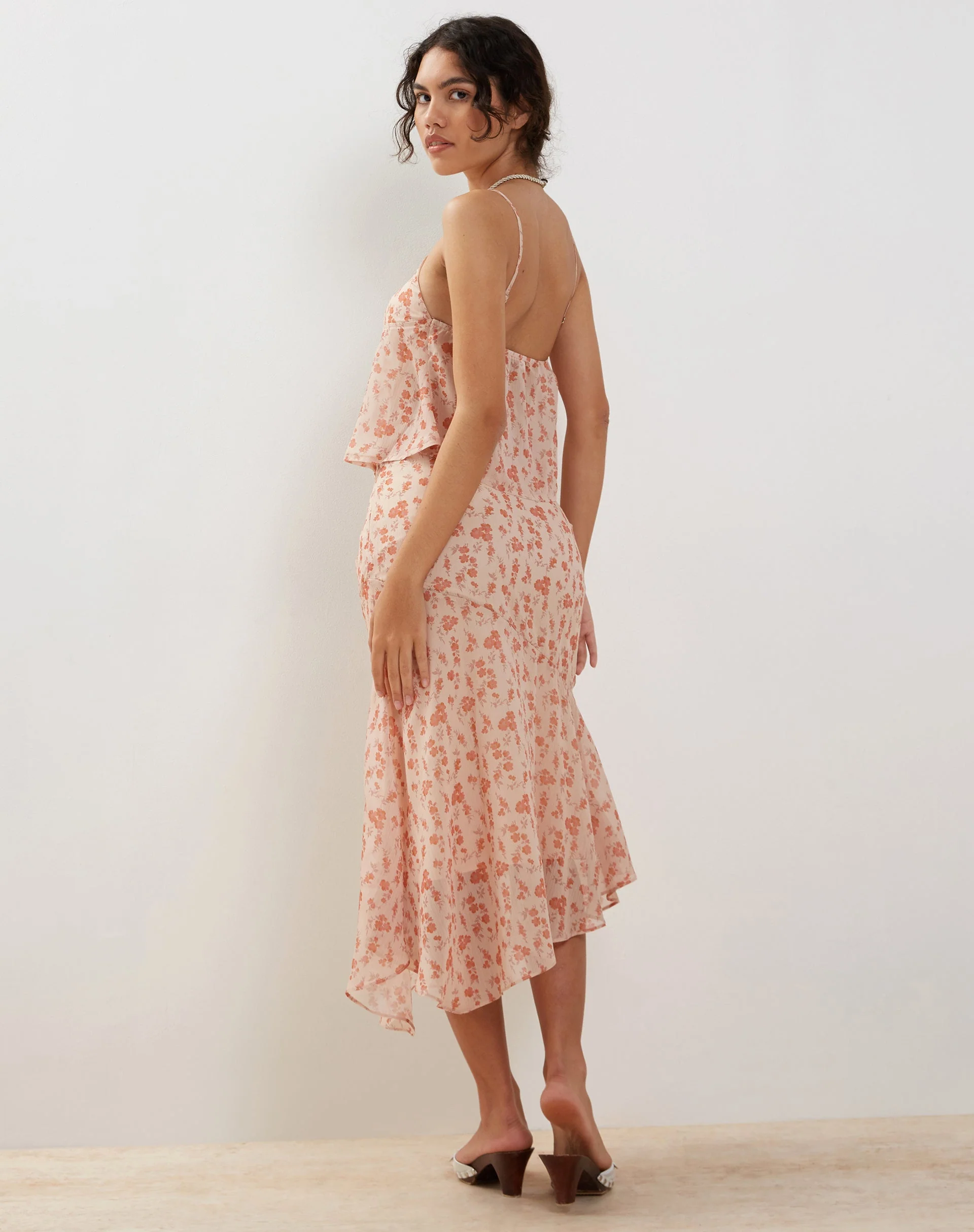 Rans Waterfall Hem Chiffon Midi Skirt in Peach Cherry Blossom - Image 3