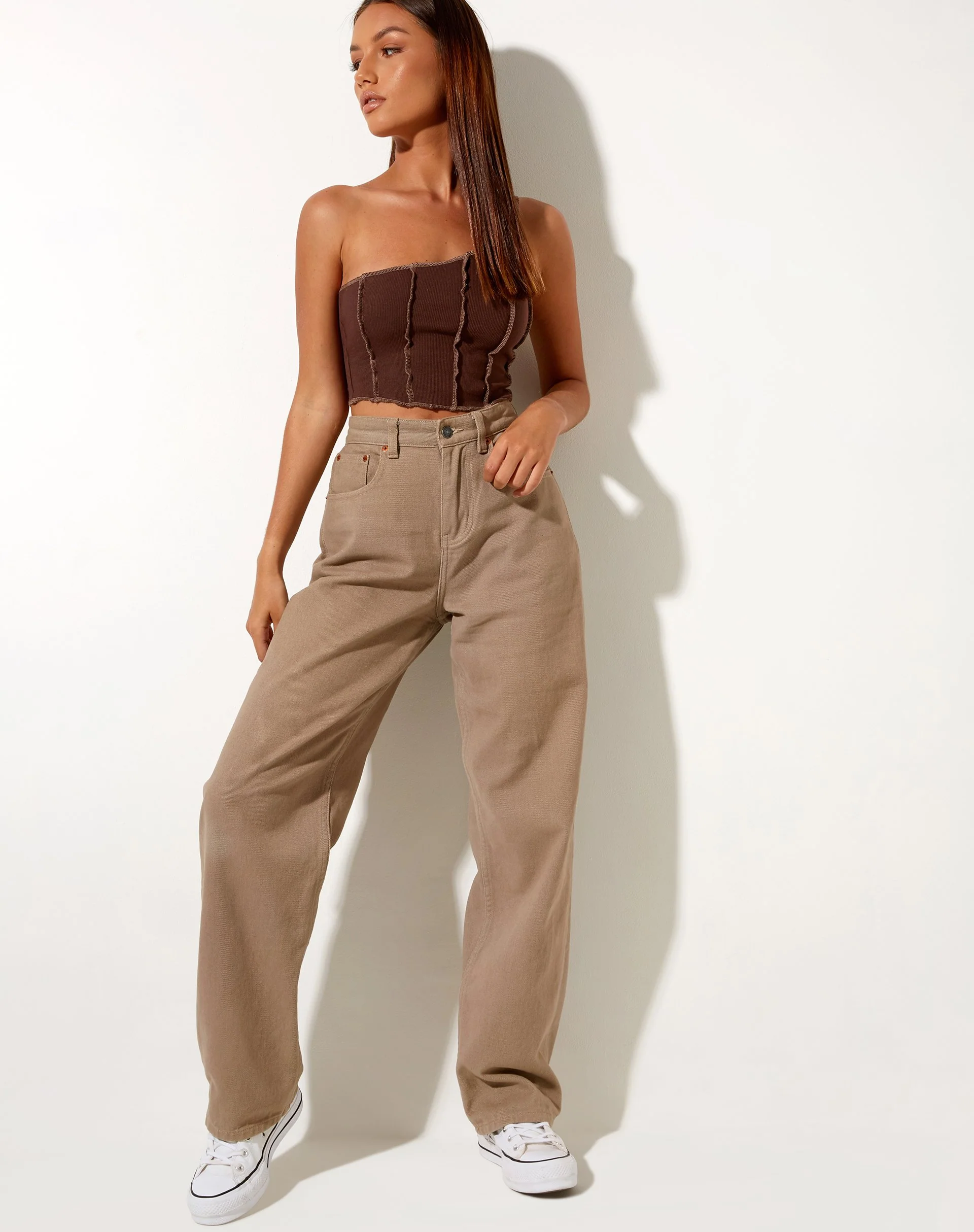 Rara Crop Top in Rib Deep Mahogany with Brown Stitching - Image 2