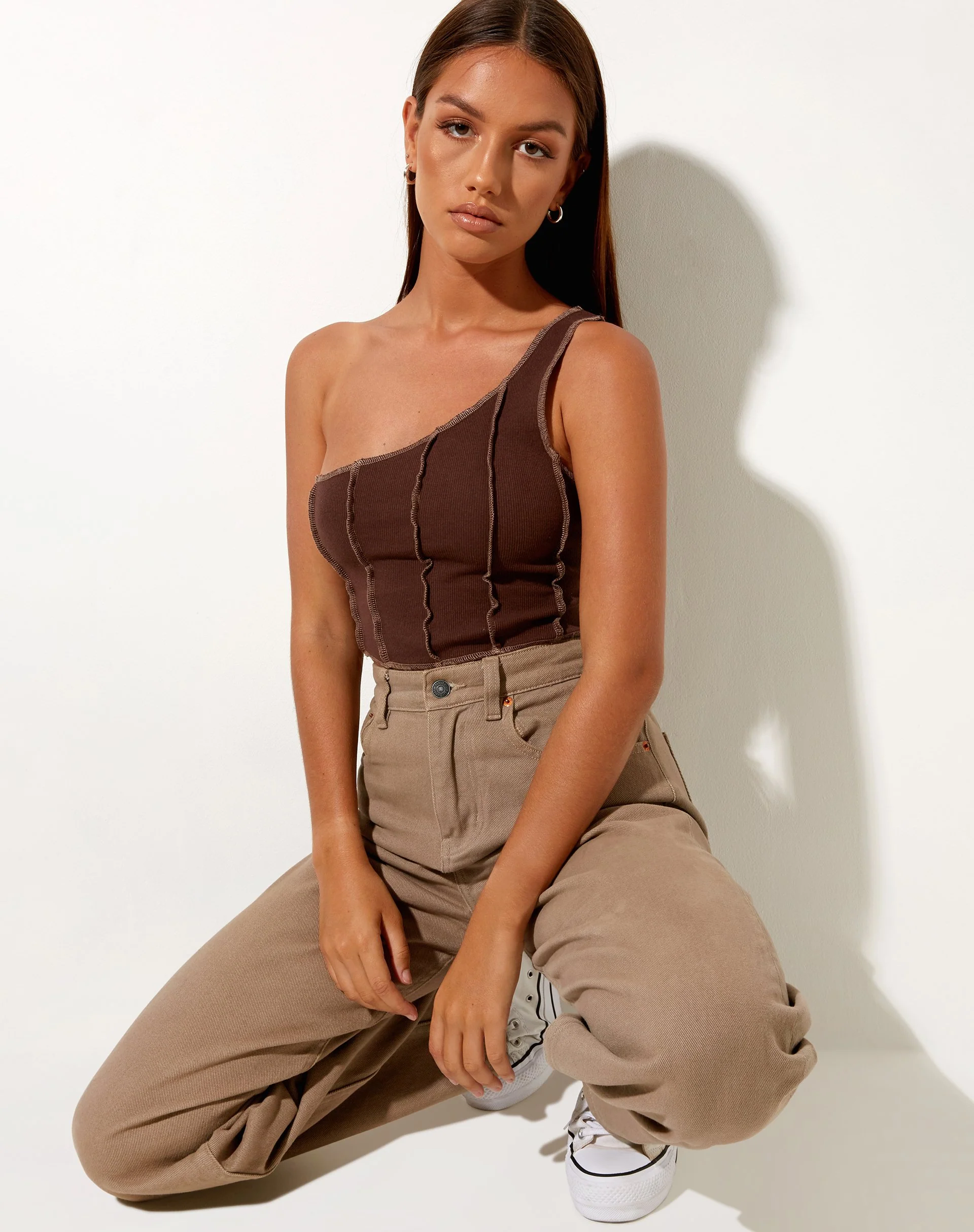 Rara Crop Top in Rib Deep Mahogany with Brown Stitching - Image 3