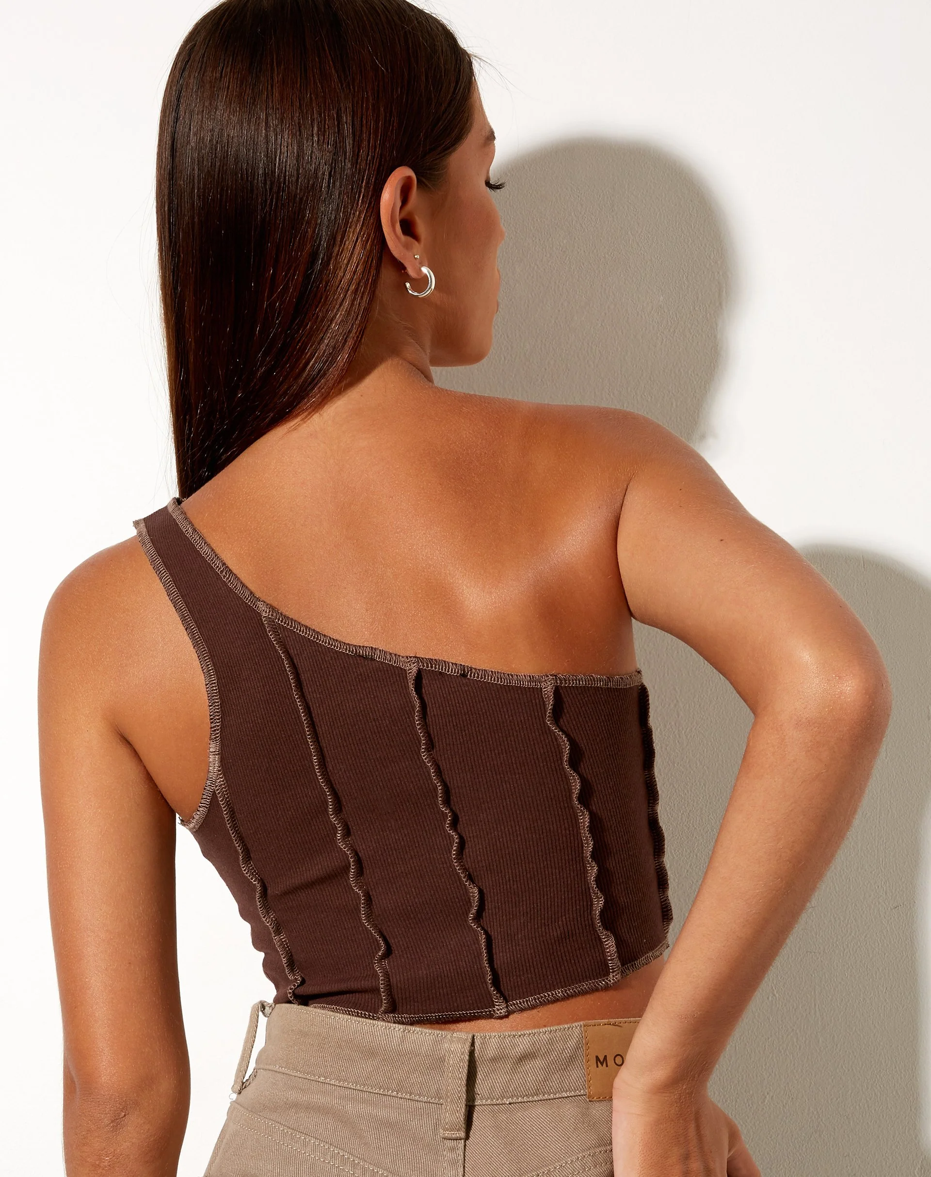 Rara Crop Top in Rib Deep Mahogany with Brown Stitching - Image 4