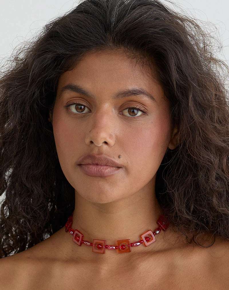 Red and Pink Square Beaded Necklace - Image 3