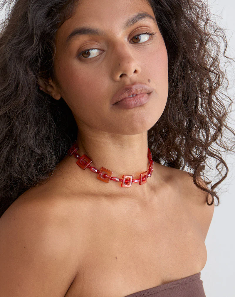 Red and Pink Square Beaded Necklace - Image 4