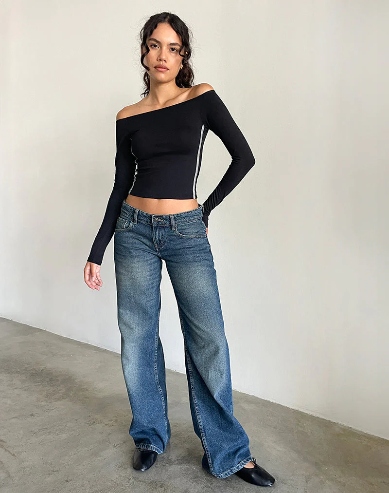 Reiba Long Sleeve Top in Black with Grey Binding - Image 3