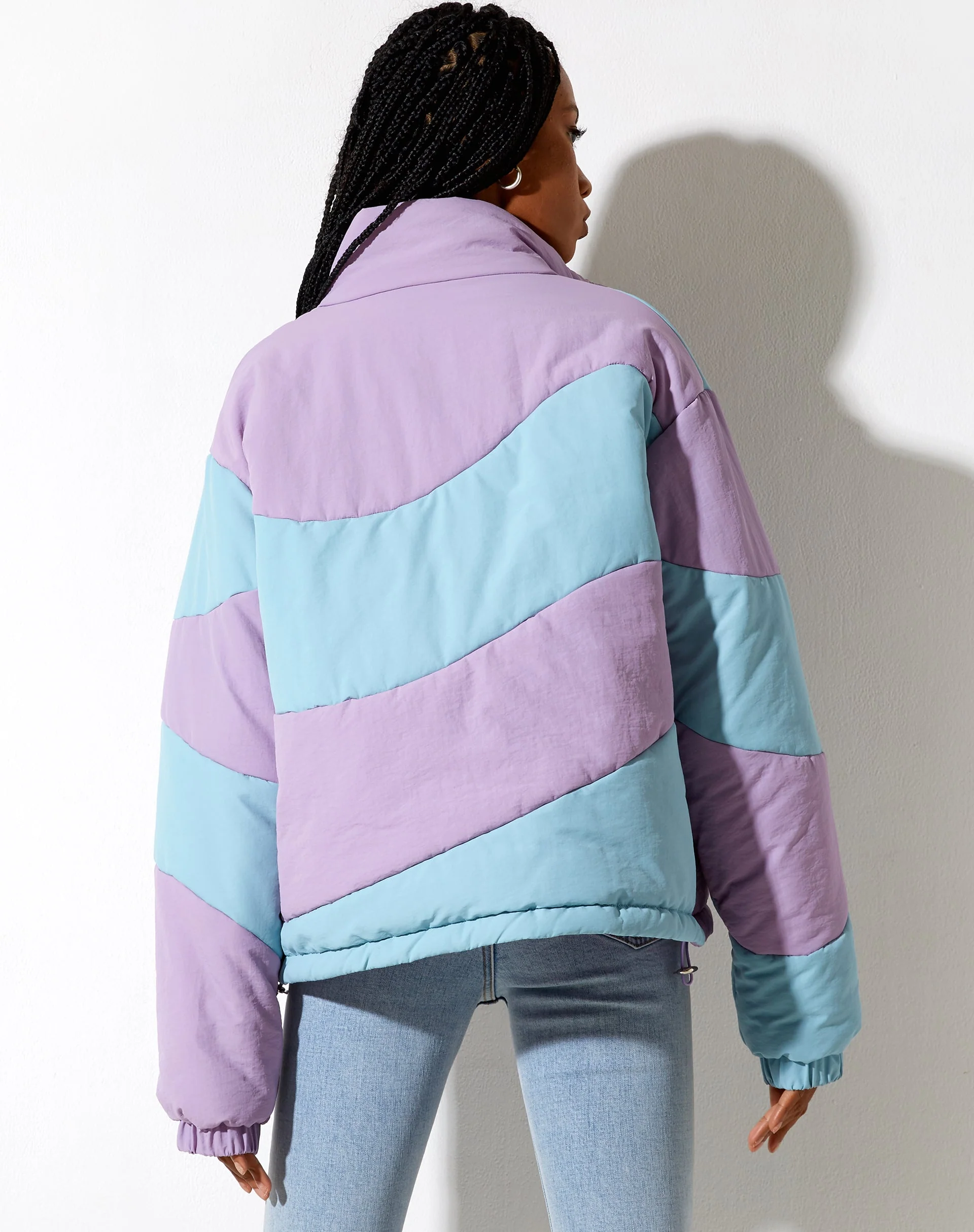 Renee Puffa Jacket in Panelled Purple and Blue - Image 2