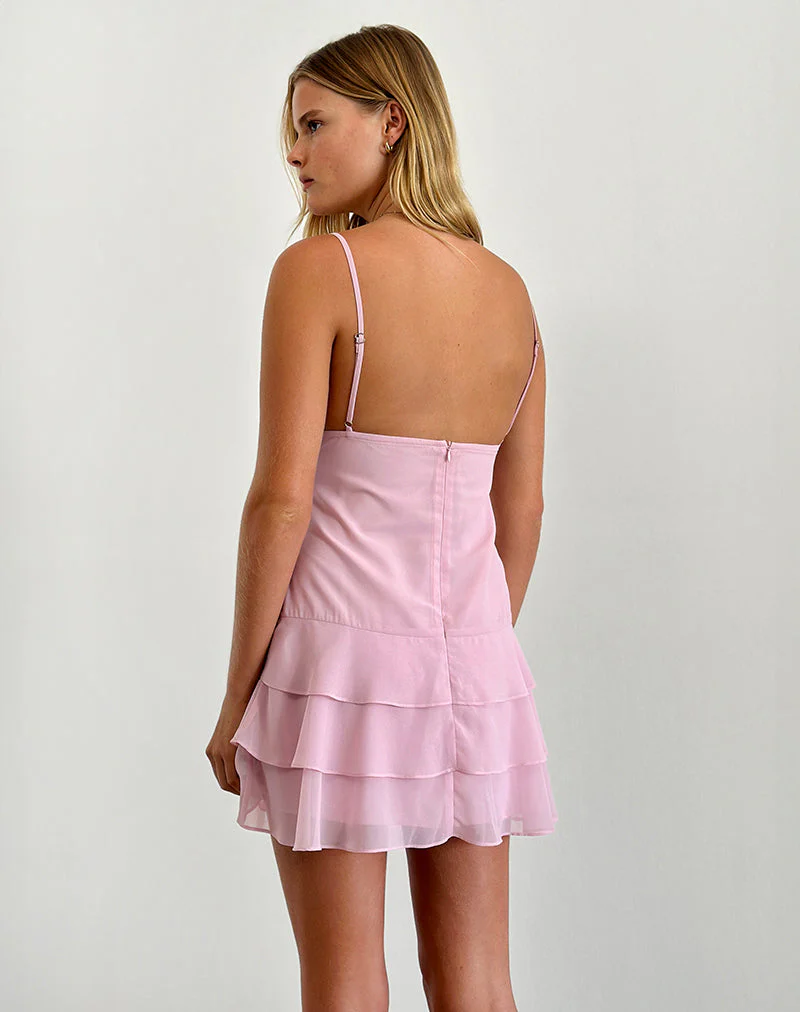 Riasi Ruffle Mini Dress in Chiffon Baby Pink - Image 3