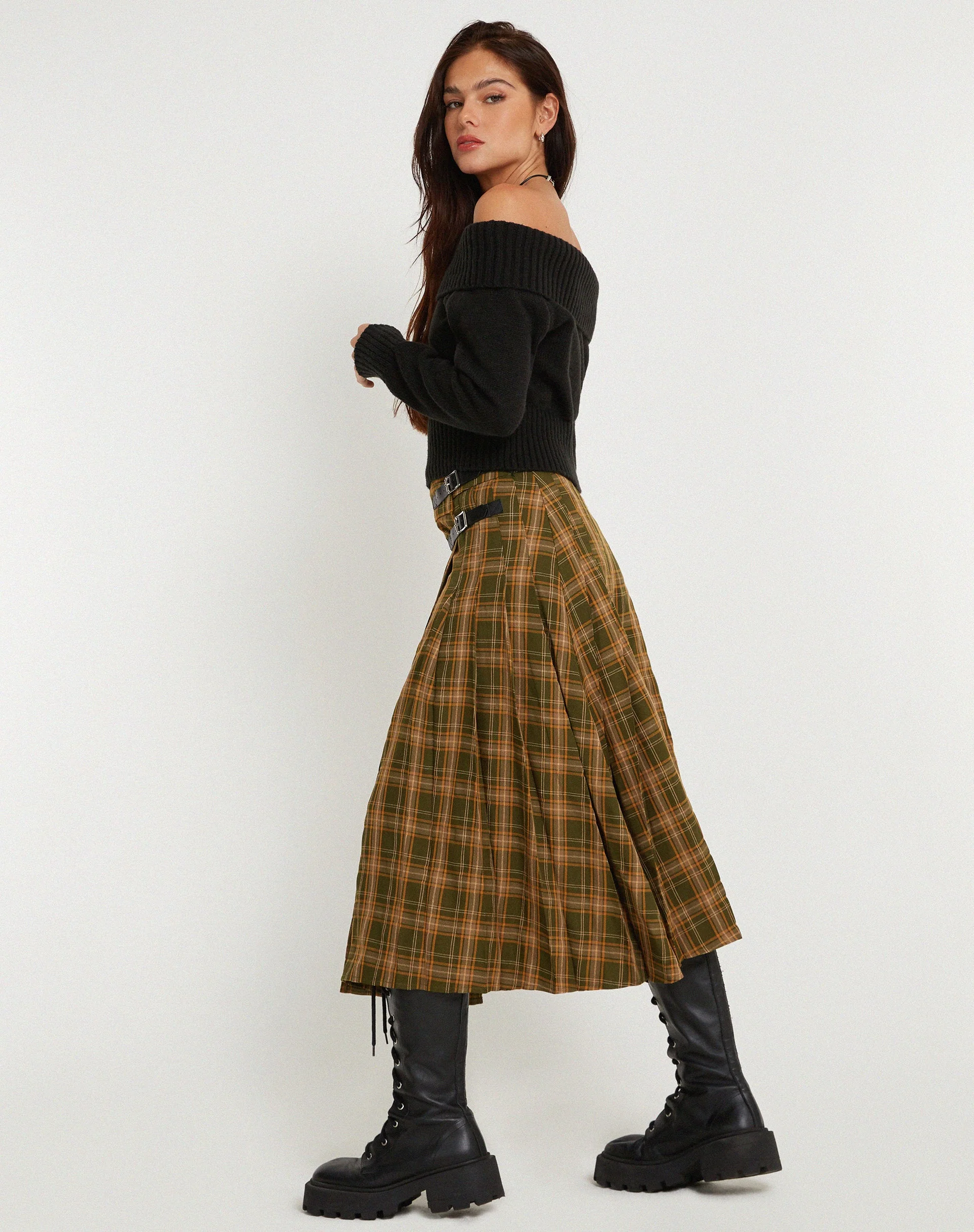 Rigifa Midi Skirt in Tartans Green Brown - Image 4