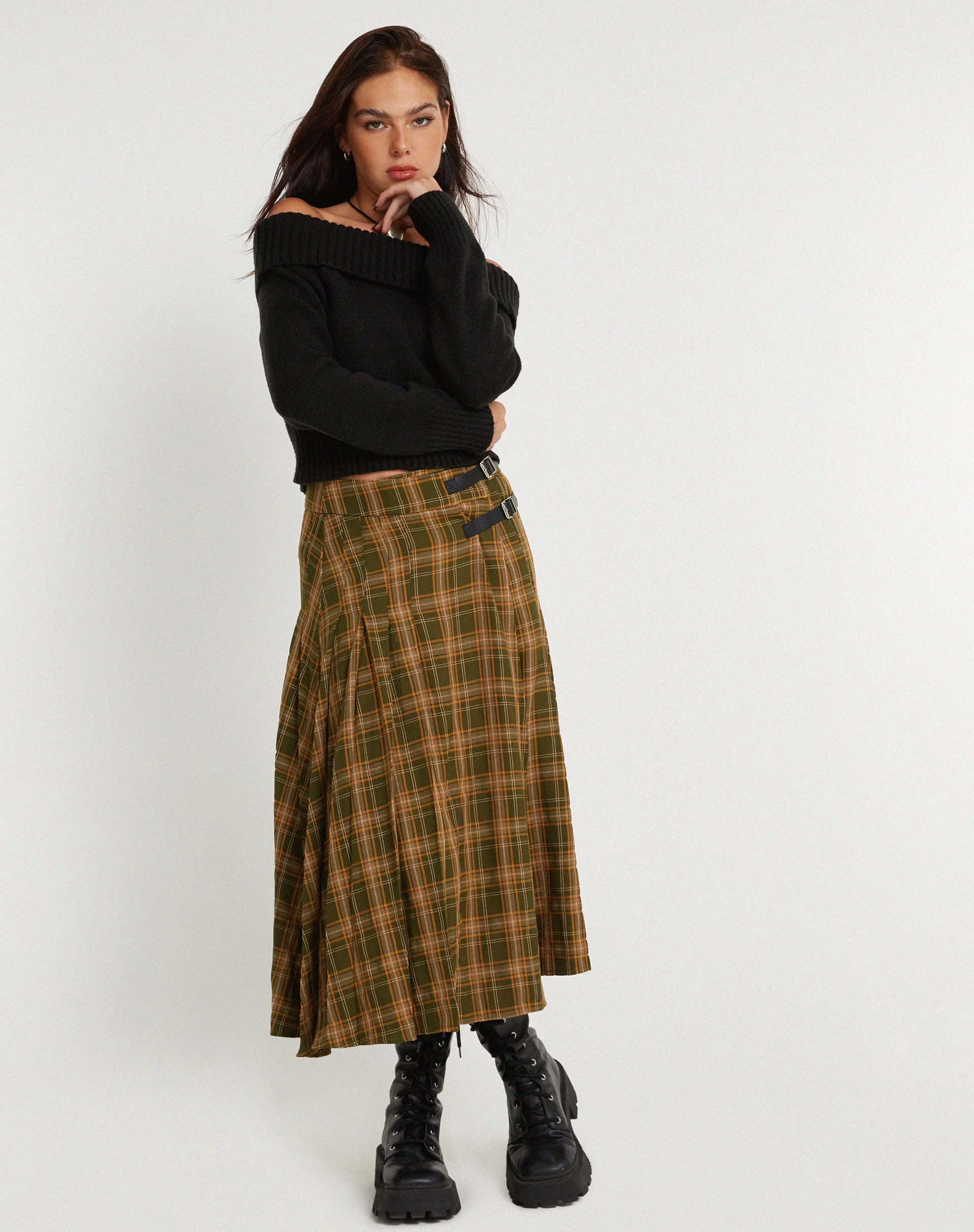 Rigifa Midi Skirt in Tartans Green Brown - Image 5