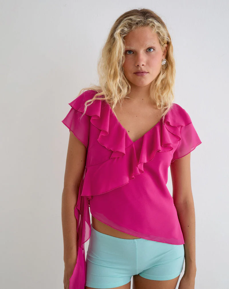 Riksa Top in Chiffon Hot Pink with Drape - Image 6