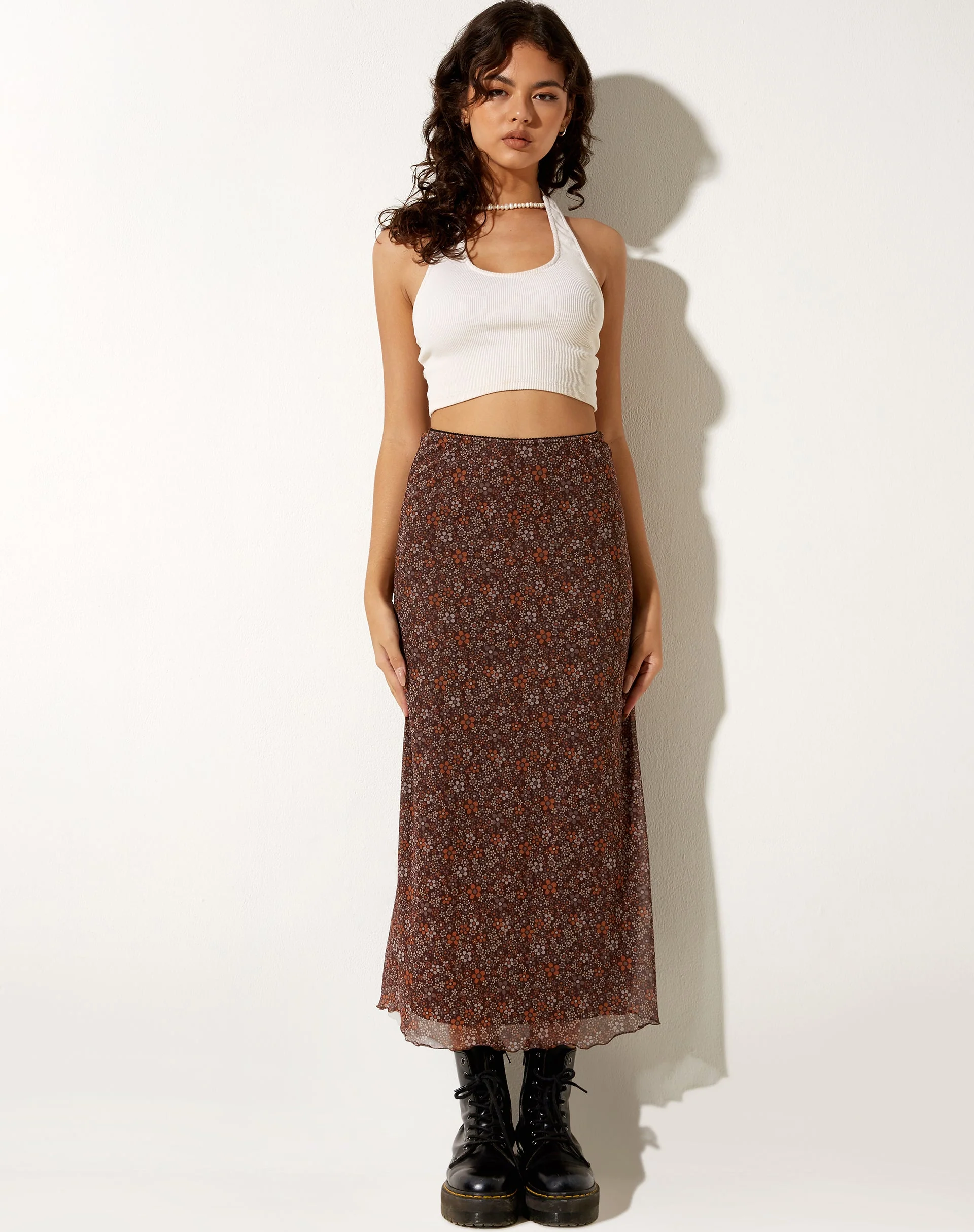 Rindu Midi Skirt in Flower Garden Brown - Image 4