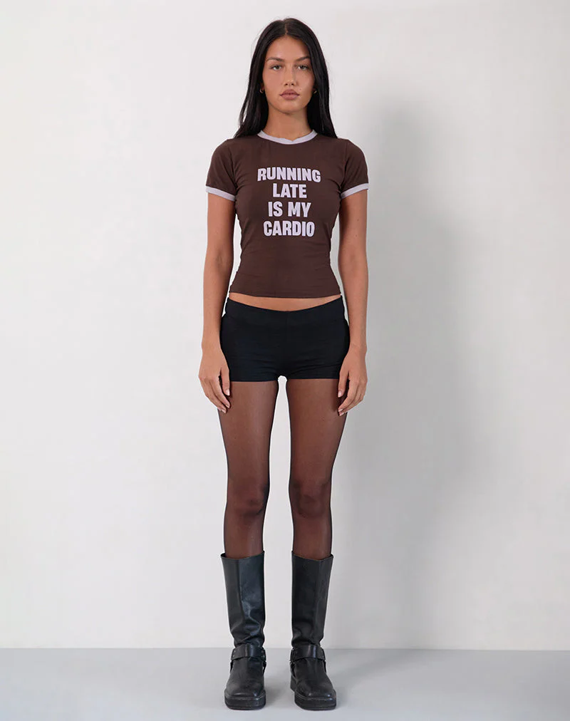 Rinea Tee Top in Bitter Chocolate with Violet Binding and Running Late Slogan - Image 2