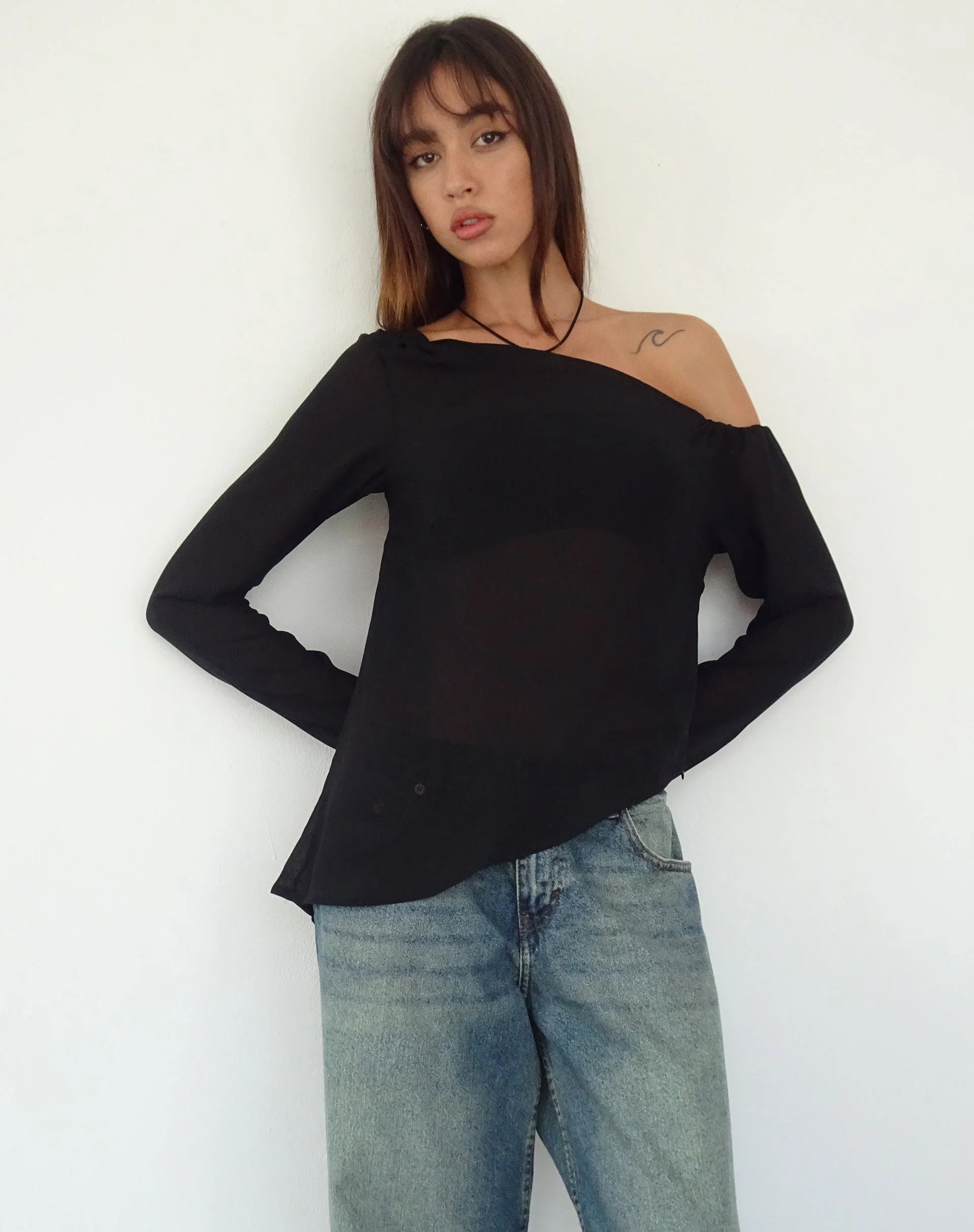 Riot Asymmetric Longline Top in Black Chiffon - Image 6