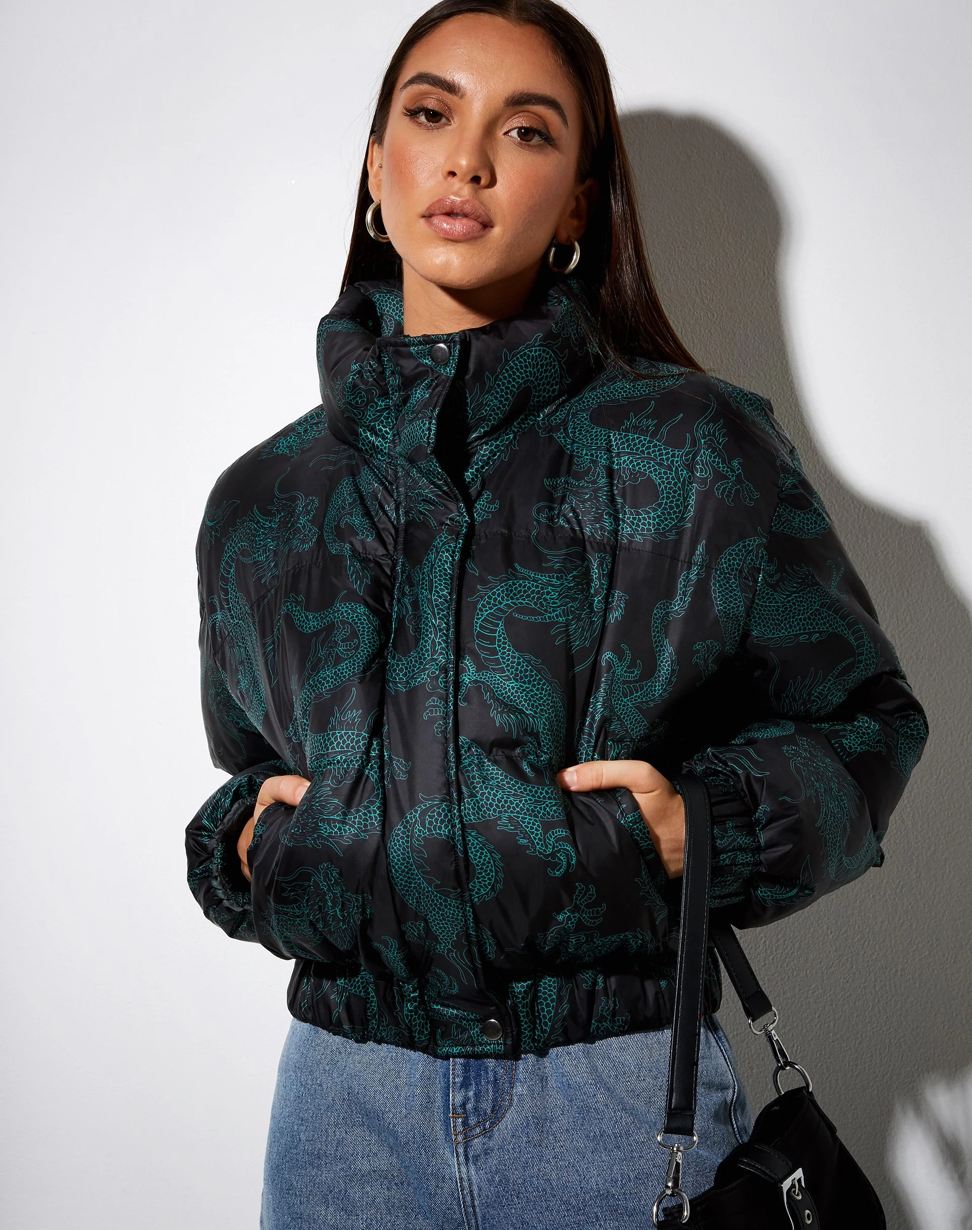 Rohos Puffer Jacket in Dragon Flower Black and Mint - Image 3