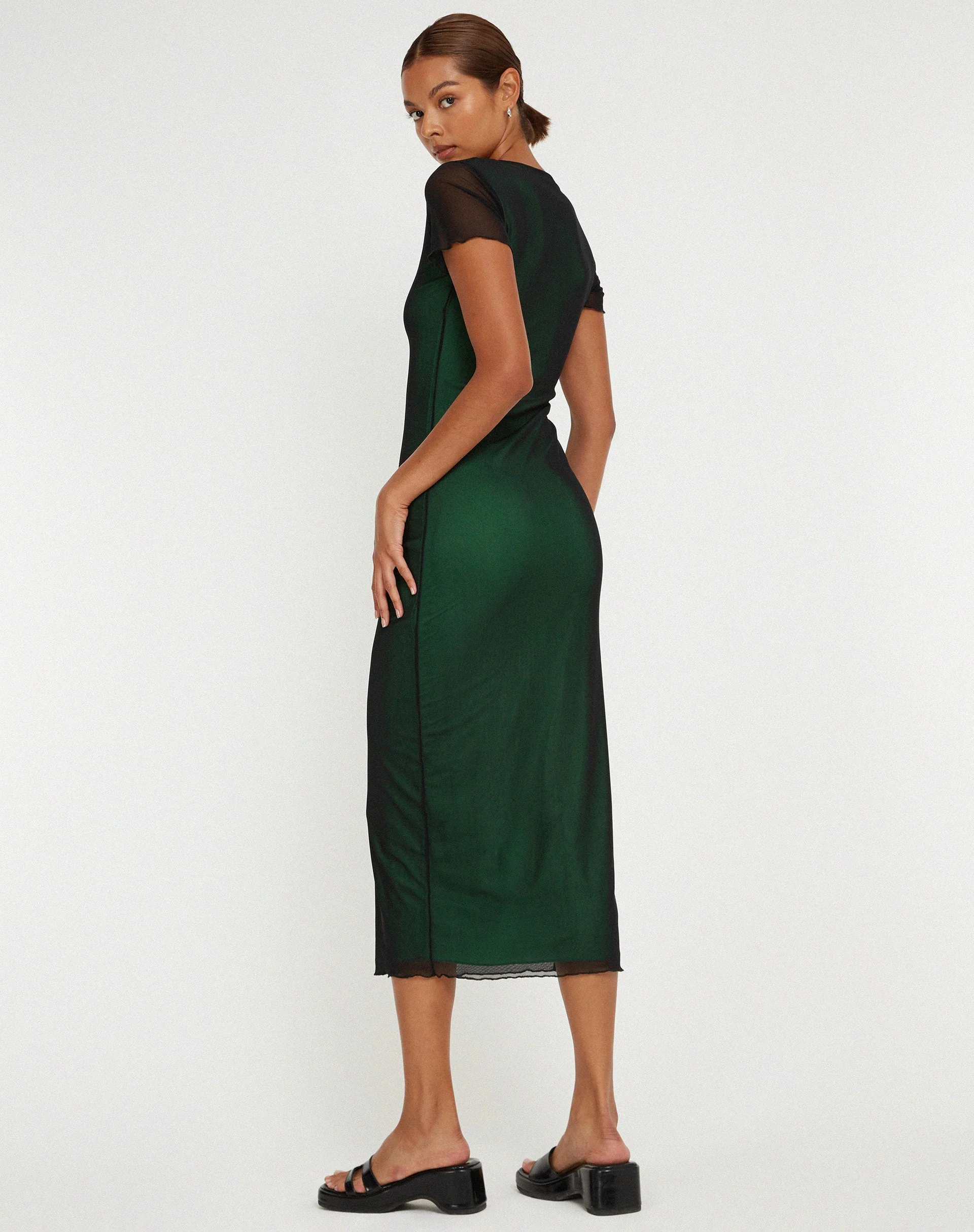 Roska Midi Dress in Black with Vibrant Green Lining - Image 3
