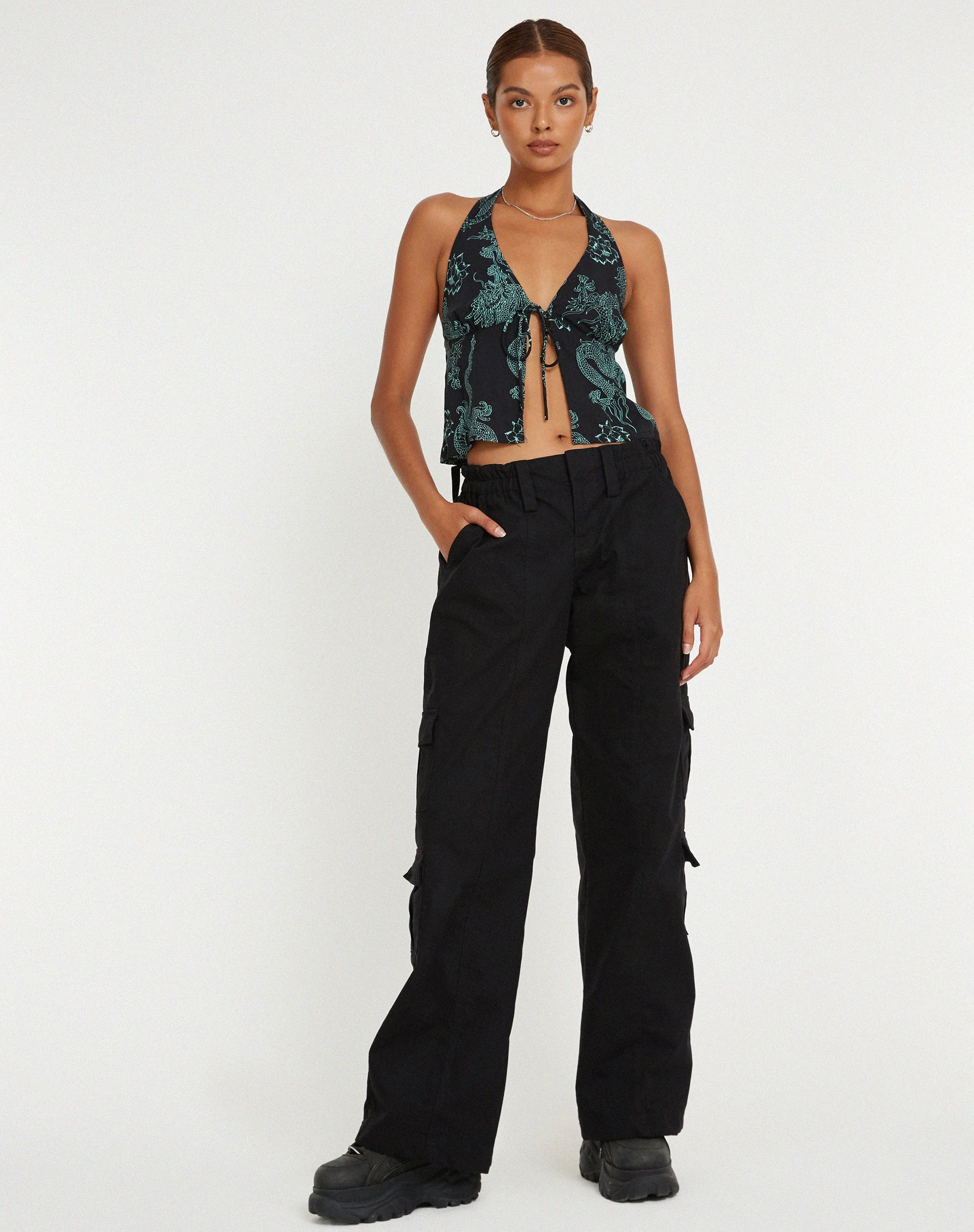 Roula Halter Top in Dragon Flower Black Mint - Image 3