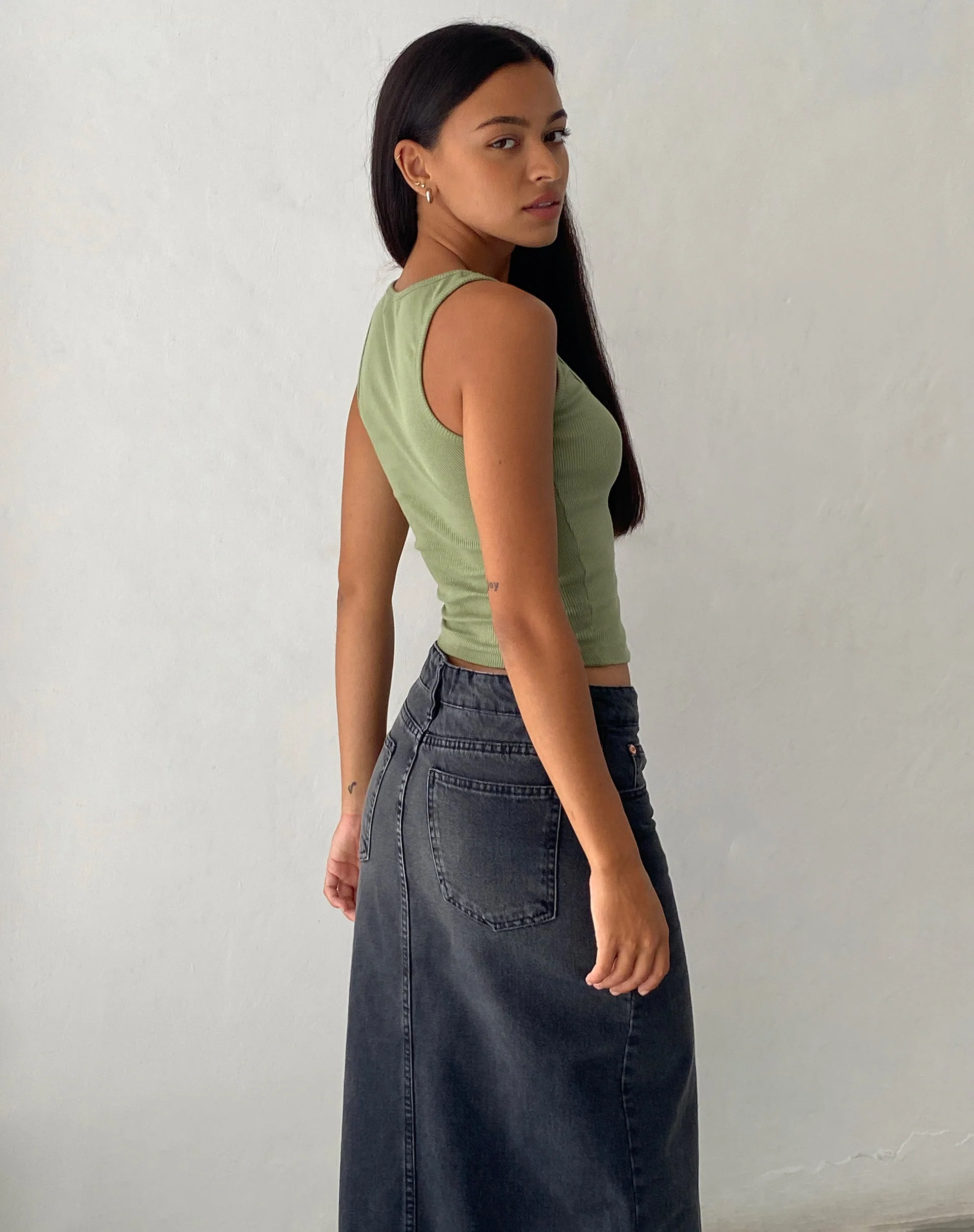 Roxe Ribbed Vest Top in Dark Sage - Image 5