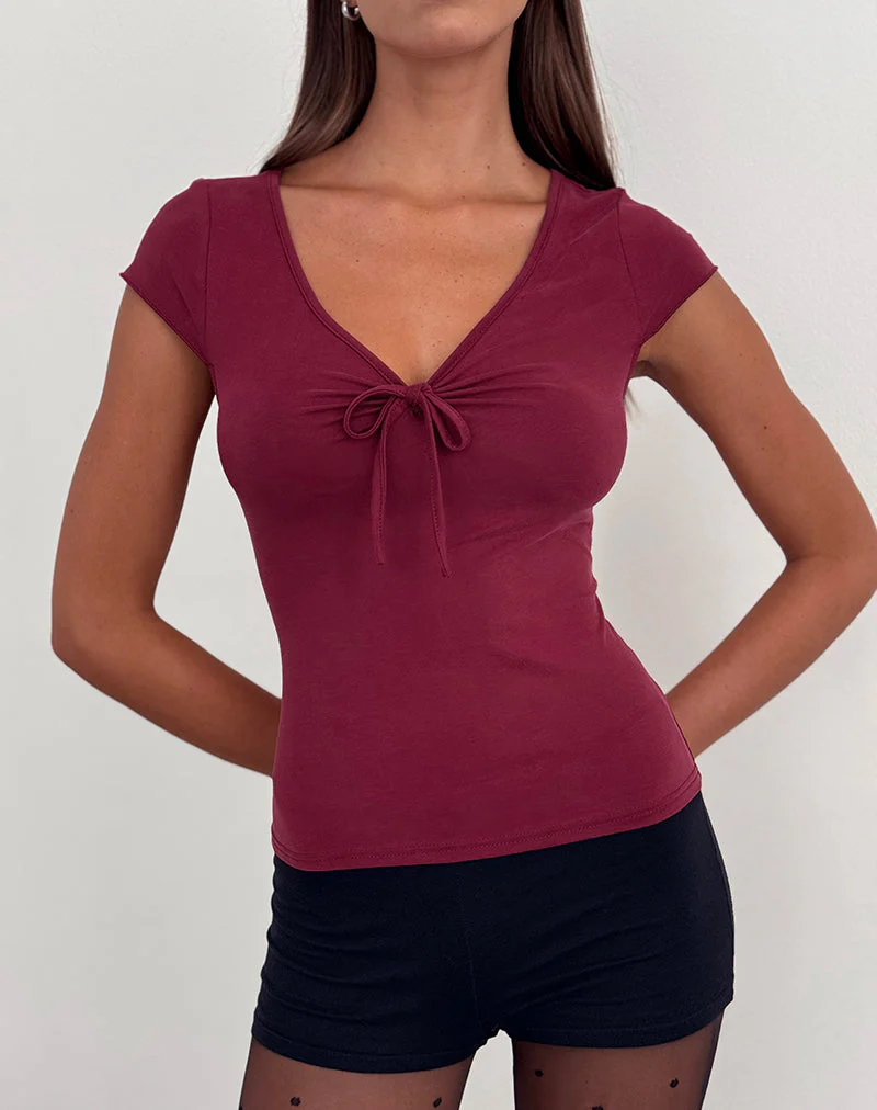 Saiba Cap Sleeve Top in Cupro Dark Red - Image 3
