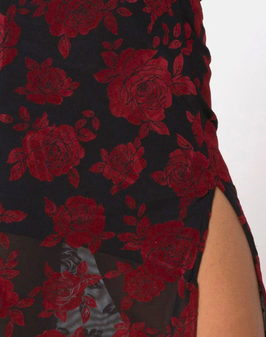 Saika Midi Skirt in Romantic Red Rose Flock - Image 5