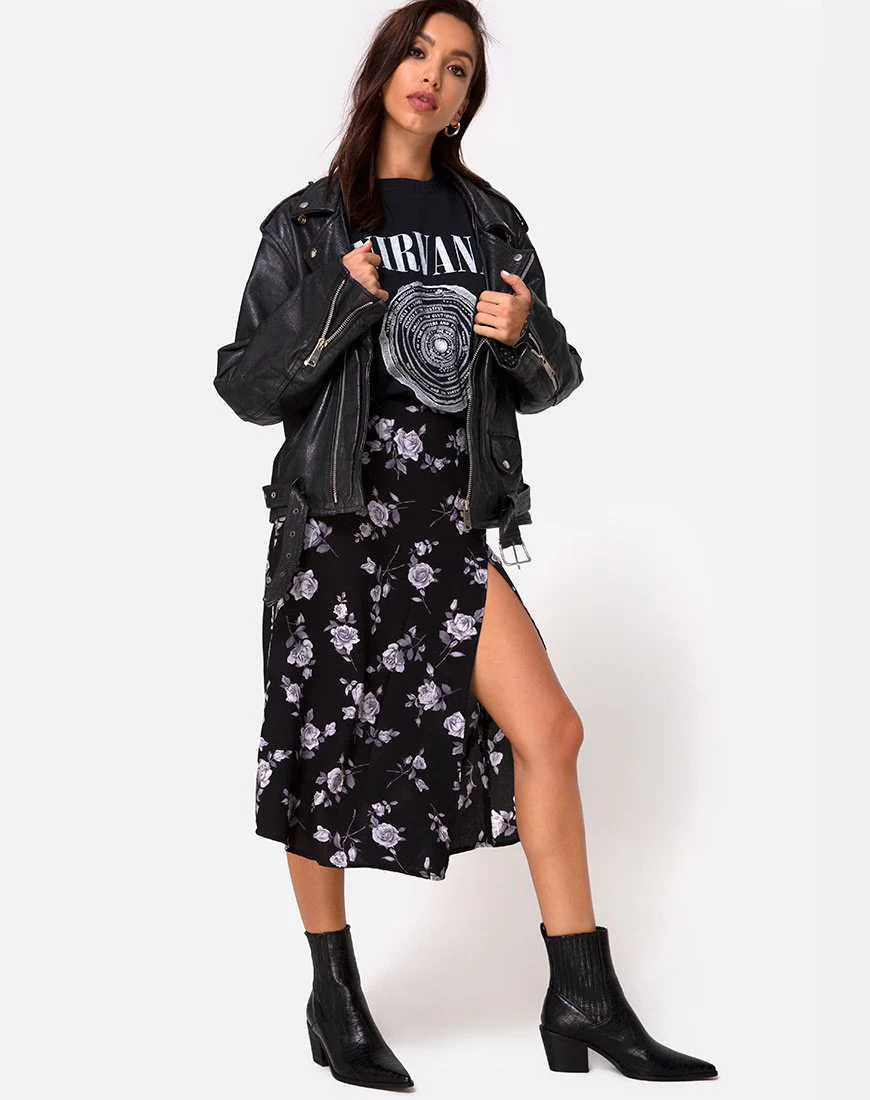 Saika Midi Skirt in White Rose Black - Image 3