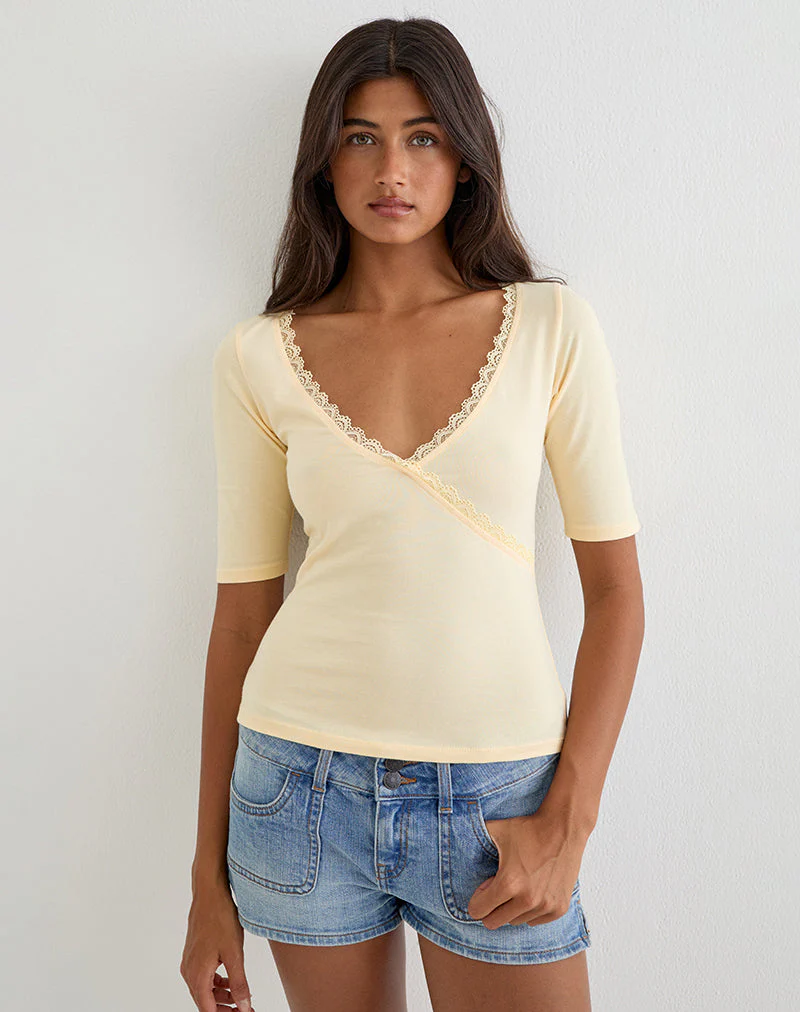 Sajiwa V Neck Top in Buttermilk with Lace Trim - Image 2