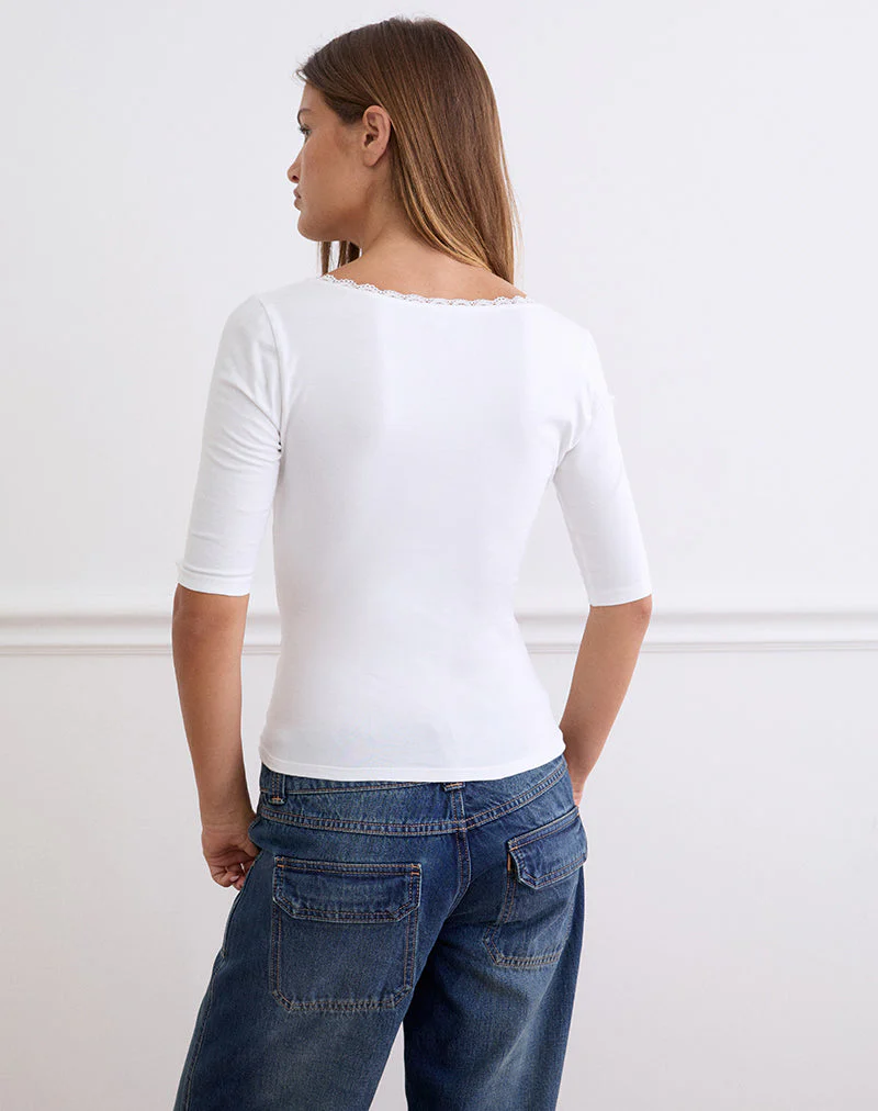 Sajiwa V Neck Top in White with Lace Trim - Image 4