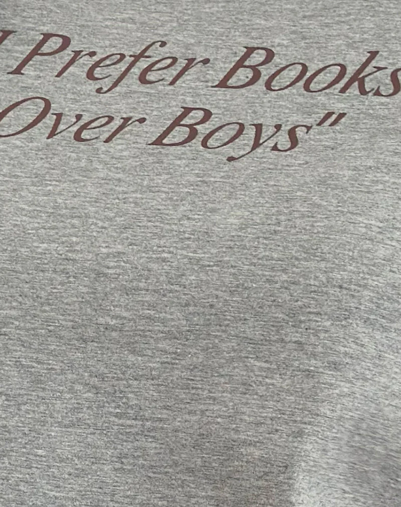 Saki Tee in Grey Marl with I Prefer Books Over Boys Slogan - Image 6