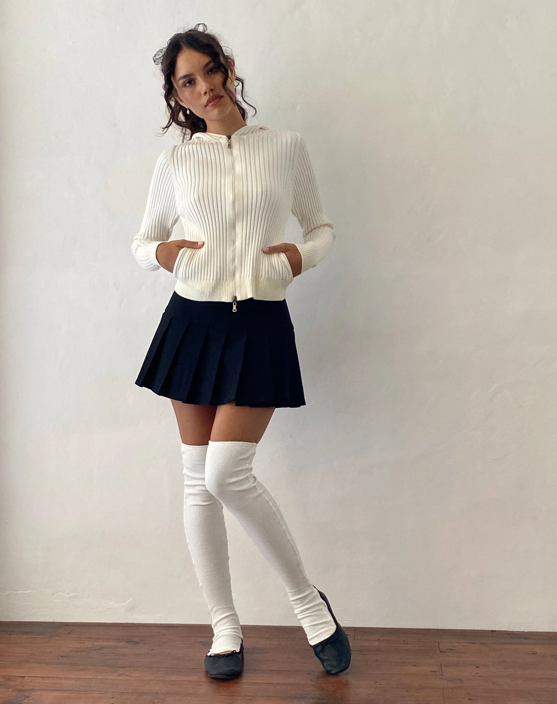 Salinas Zip Up Knitted Hoodie in Ivory - Image 3