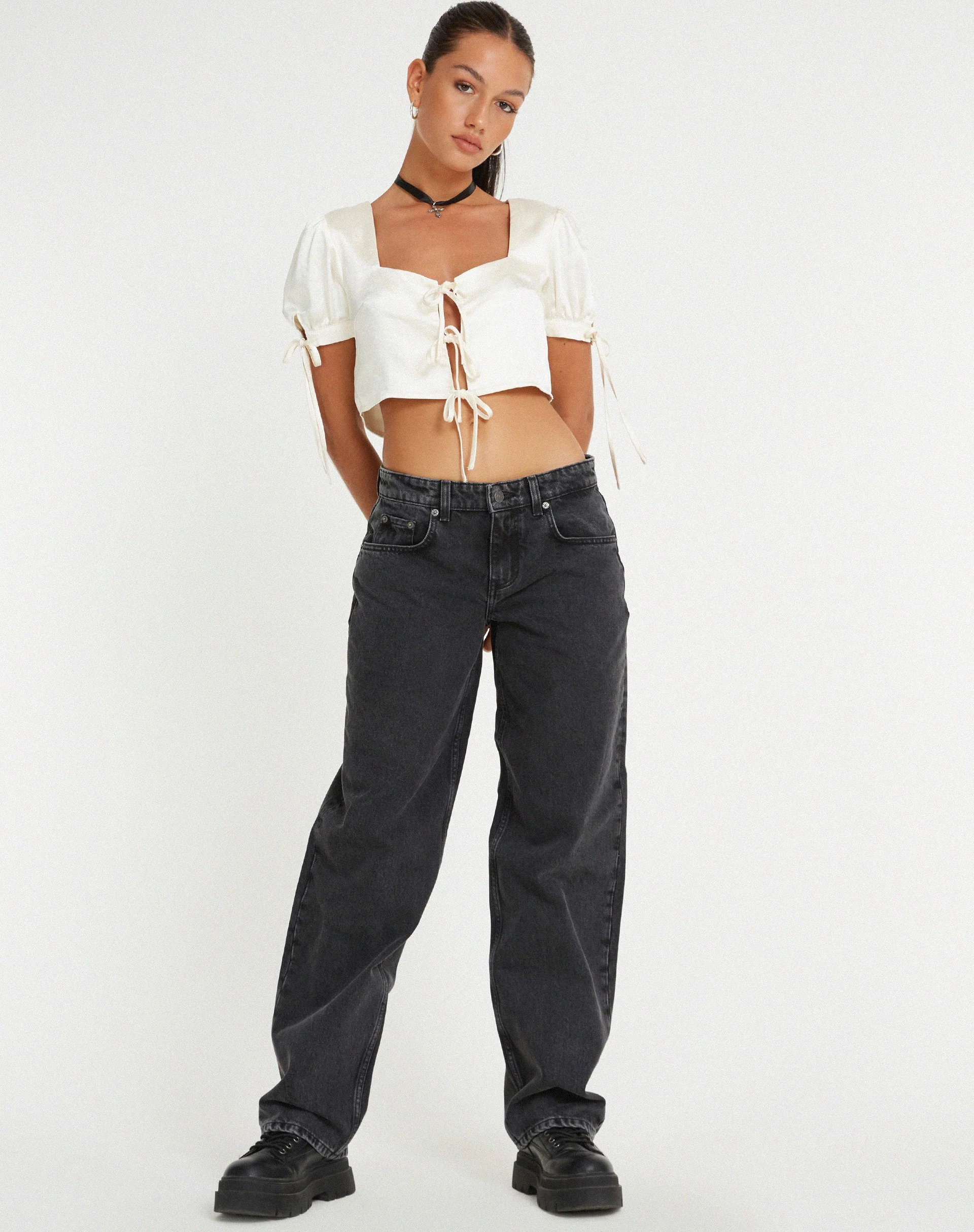 Sanura Tie Up Crop Top in Satin Ivory - Image 3