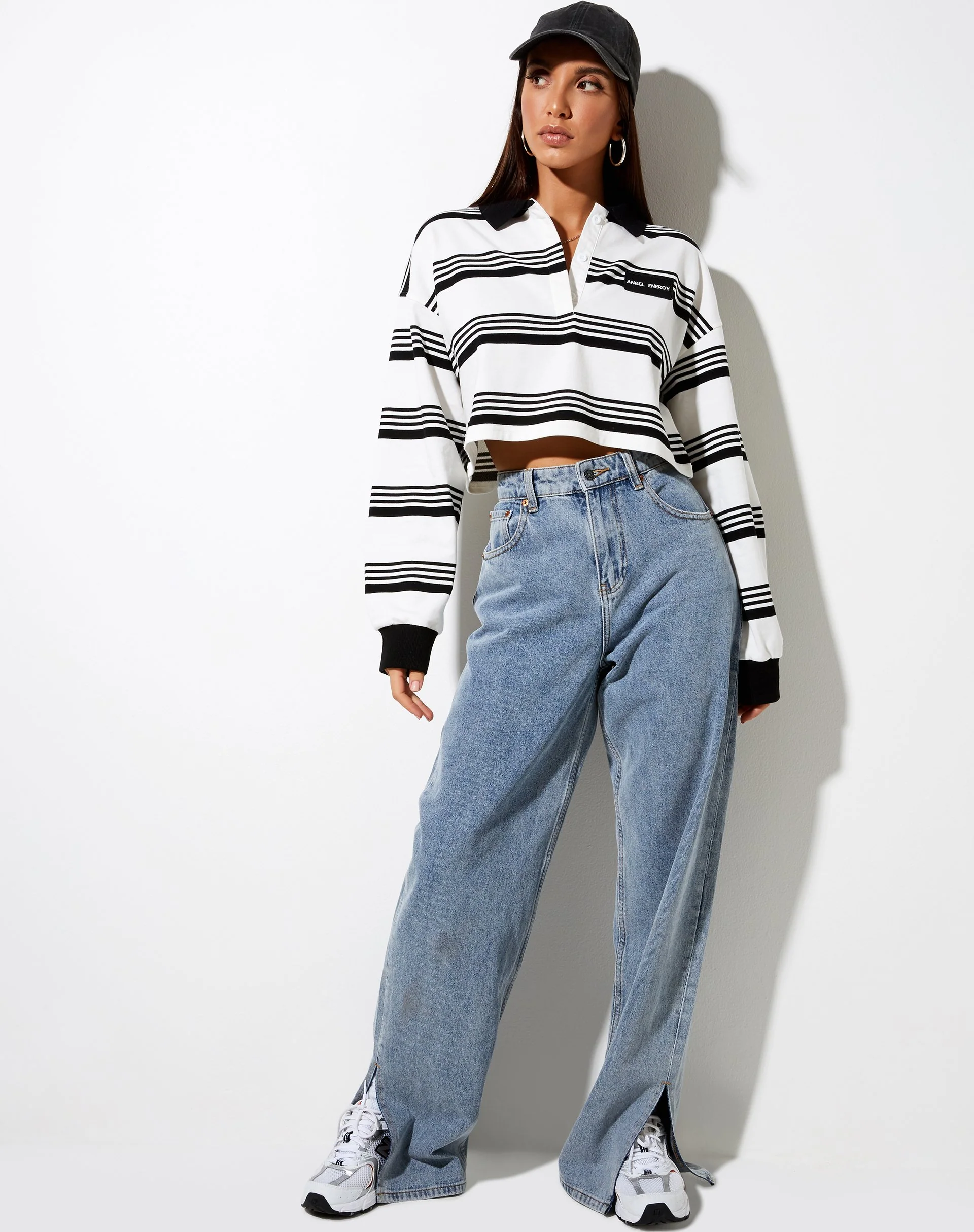 Saria Crop Top in Black Stripe 'Angel Energy' Label - Image 3