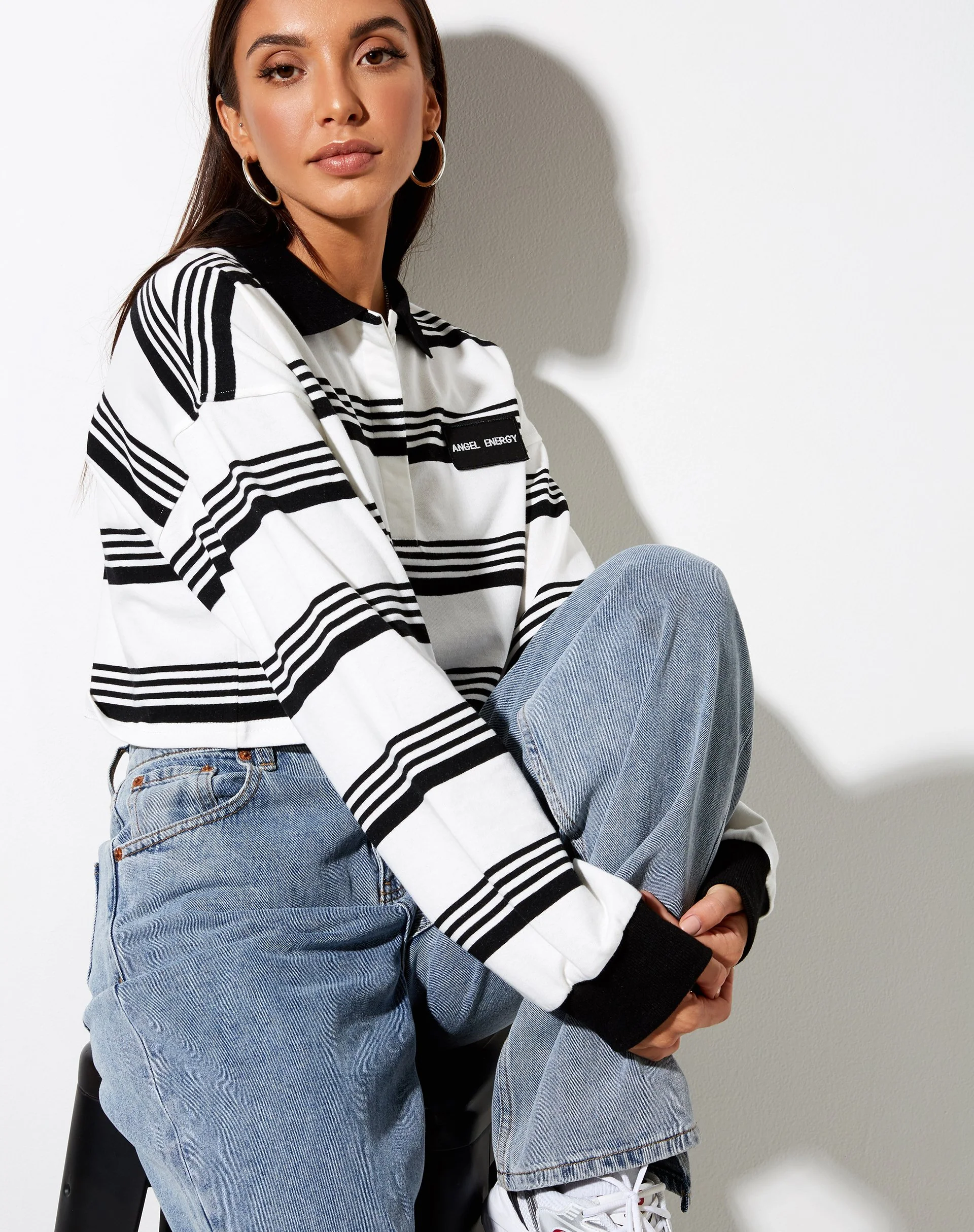 Saria Crop Top in Black Stripe 'Angel Energy' Label - Image 4