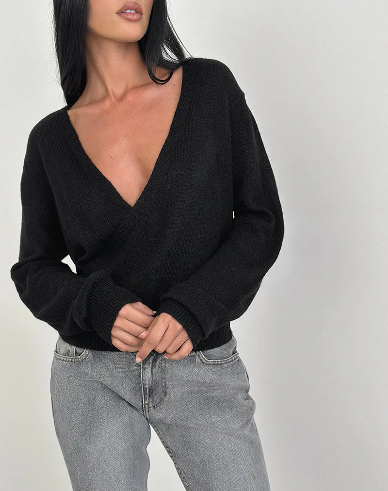 Saroya Plunge Wrap Top in Knit Black - Image 3