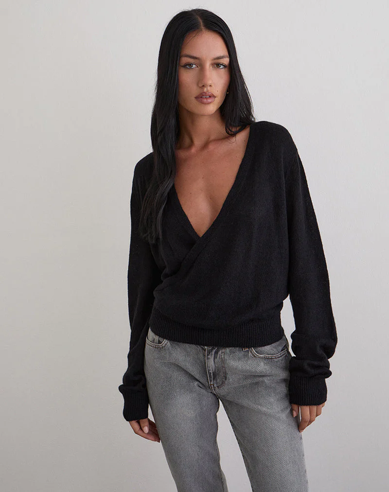 Saroya Plunge Wrap Top in Knit Black - Image 5