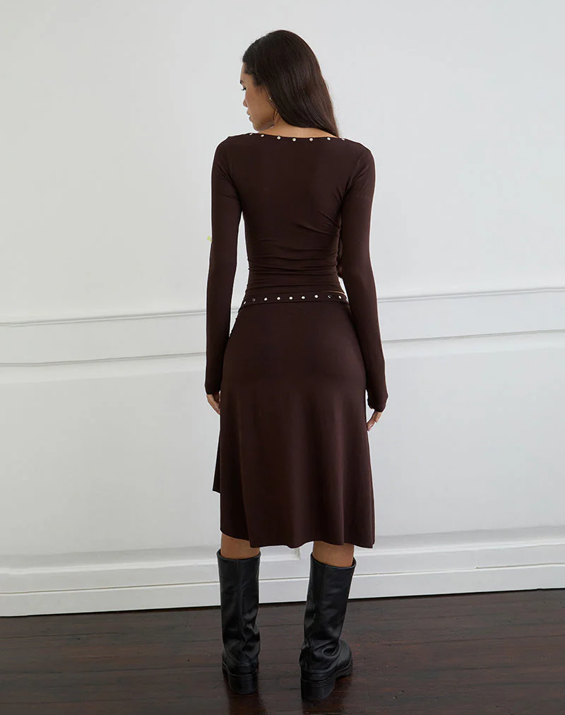 Scanio Long Sleeve Cowl Top with Studs in Bitter Chocolate - Image 4