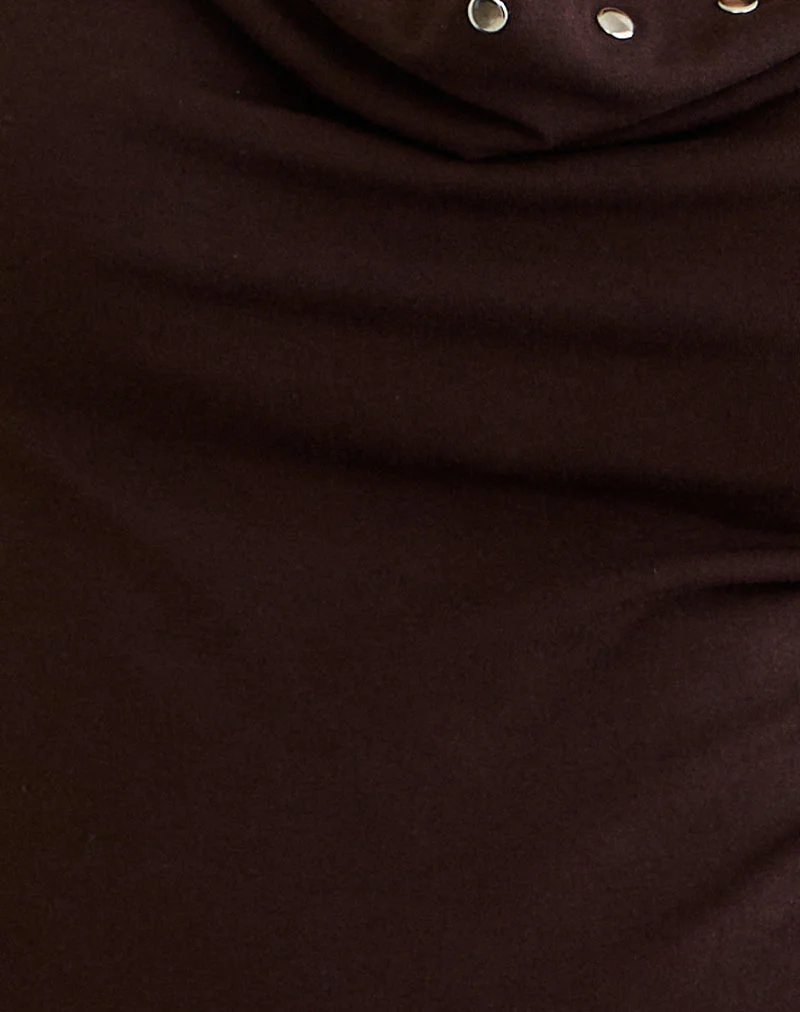 Scanio Long Sleeve Cowl Top with Studs in Bitter Chocolate - Image 5