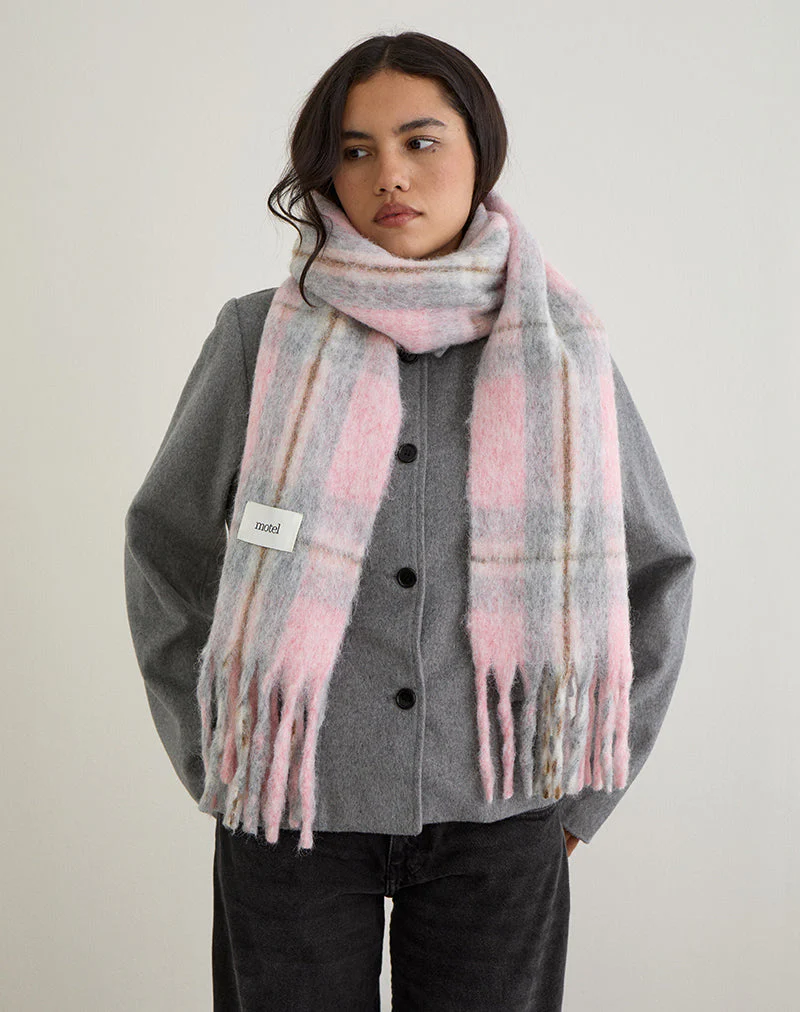 Scarf in Brushed Knit Pink Check - Image 3