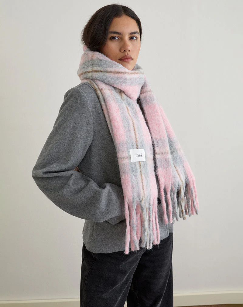 Scarf in Brushed Knit Pink Check - Image 5