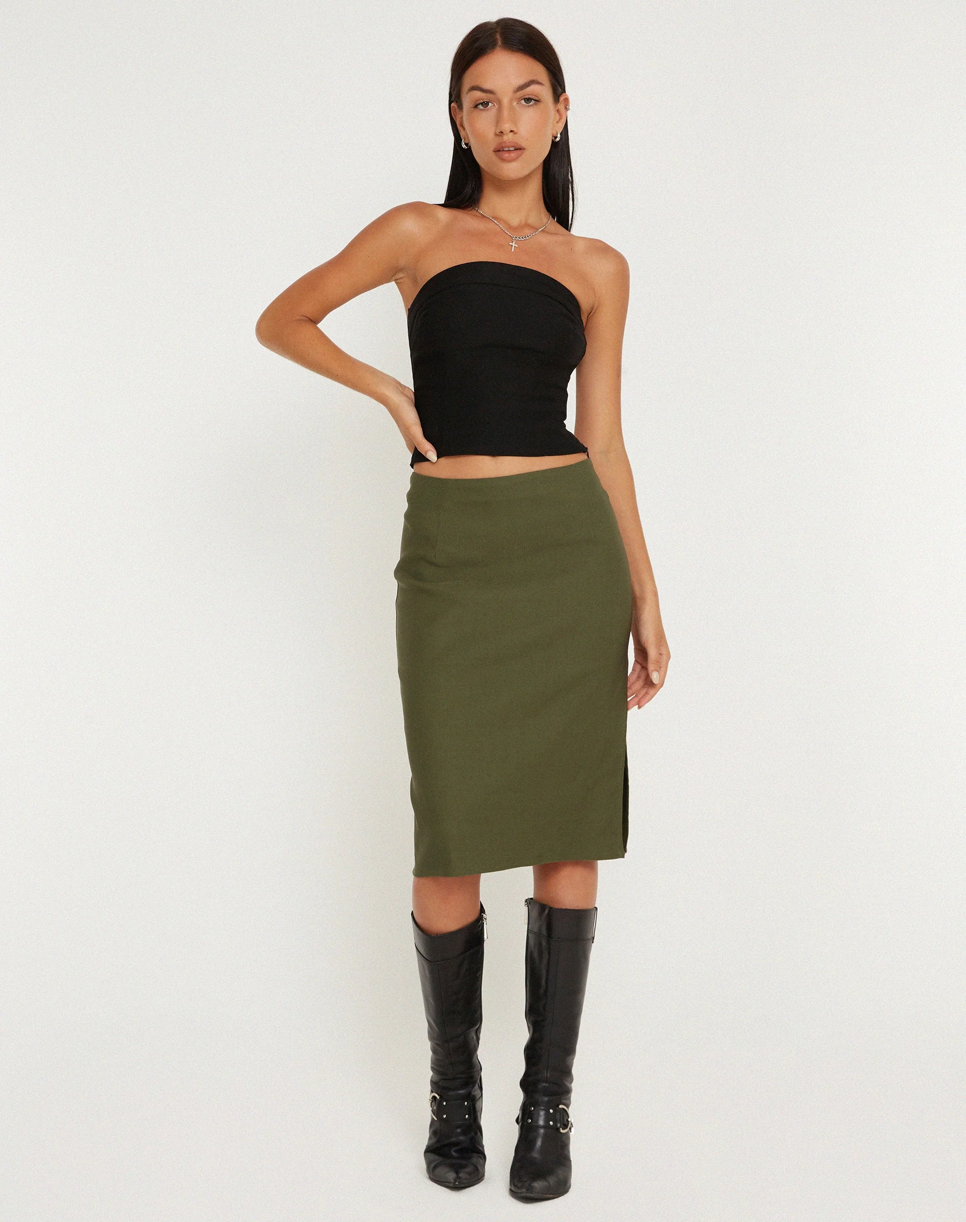 Sekoji Side Slit Midi Skirt in Khaki - Image 4