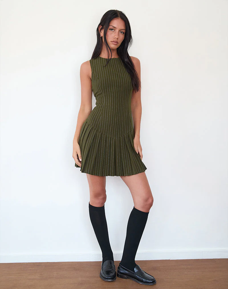 Semasa Mini Dress in Khaki Pinstripe - Image 3