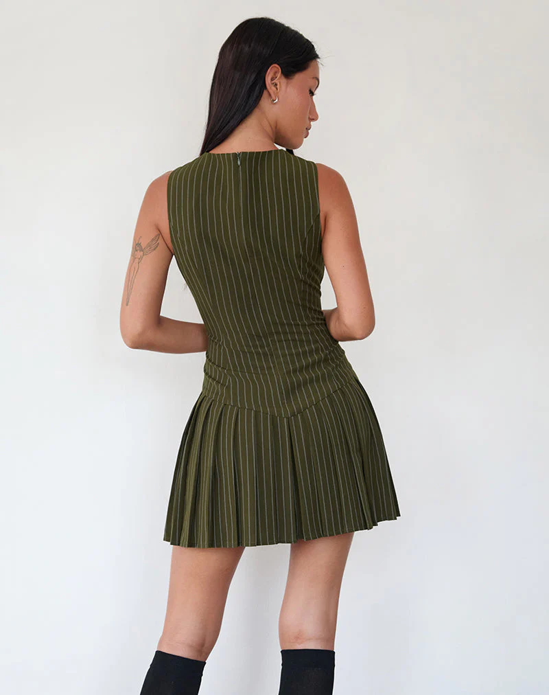 Semasa Mini Dress in Khaki Pinstripe - Image 4