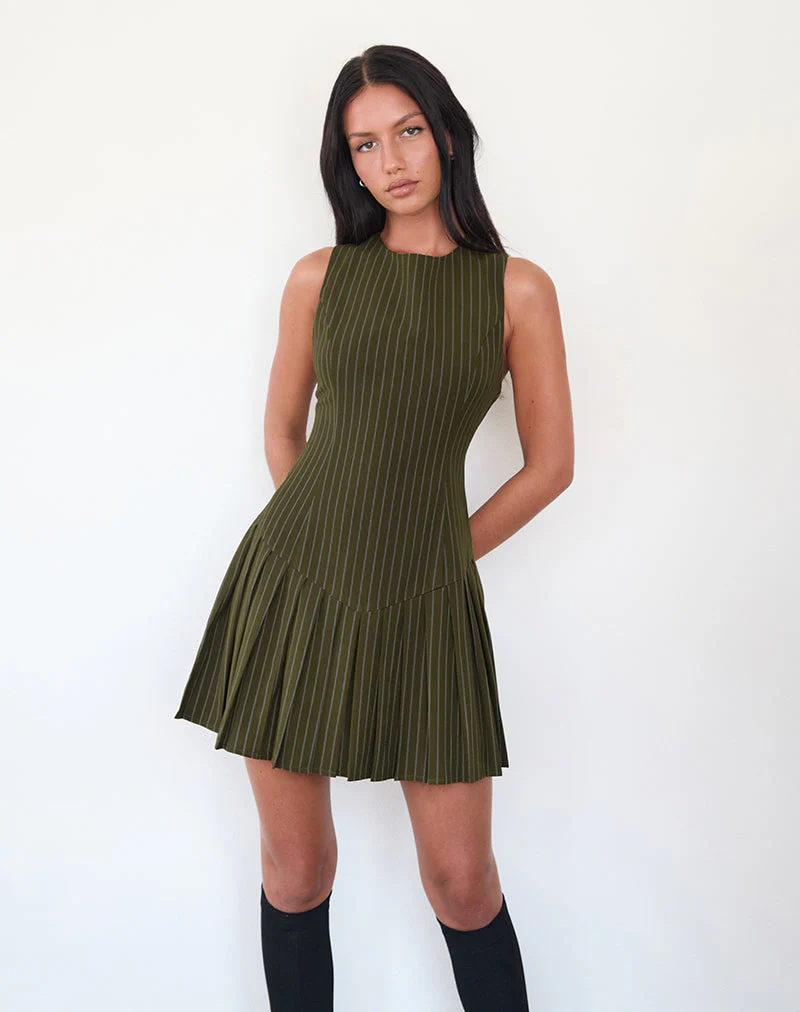 Semasa Mini Dress in Khaki Pinstripe - Image 5