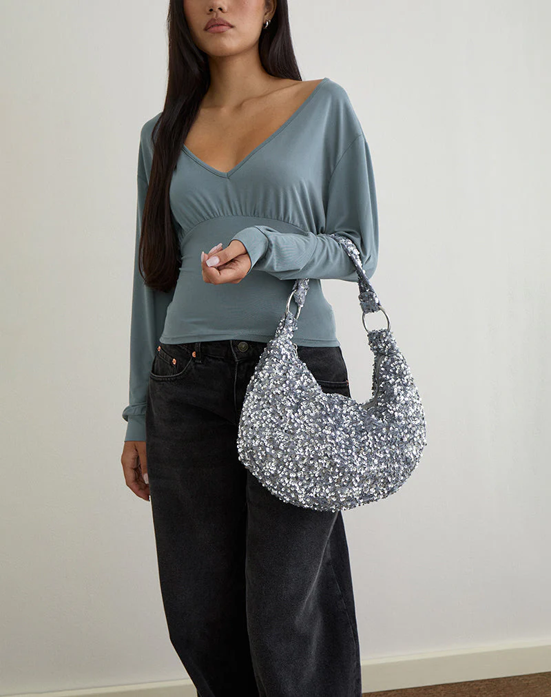 Sequin Hobo Bag in Silver - Image 2