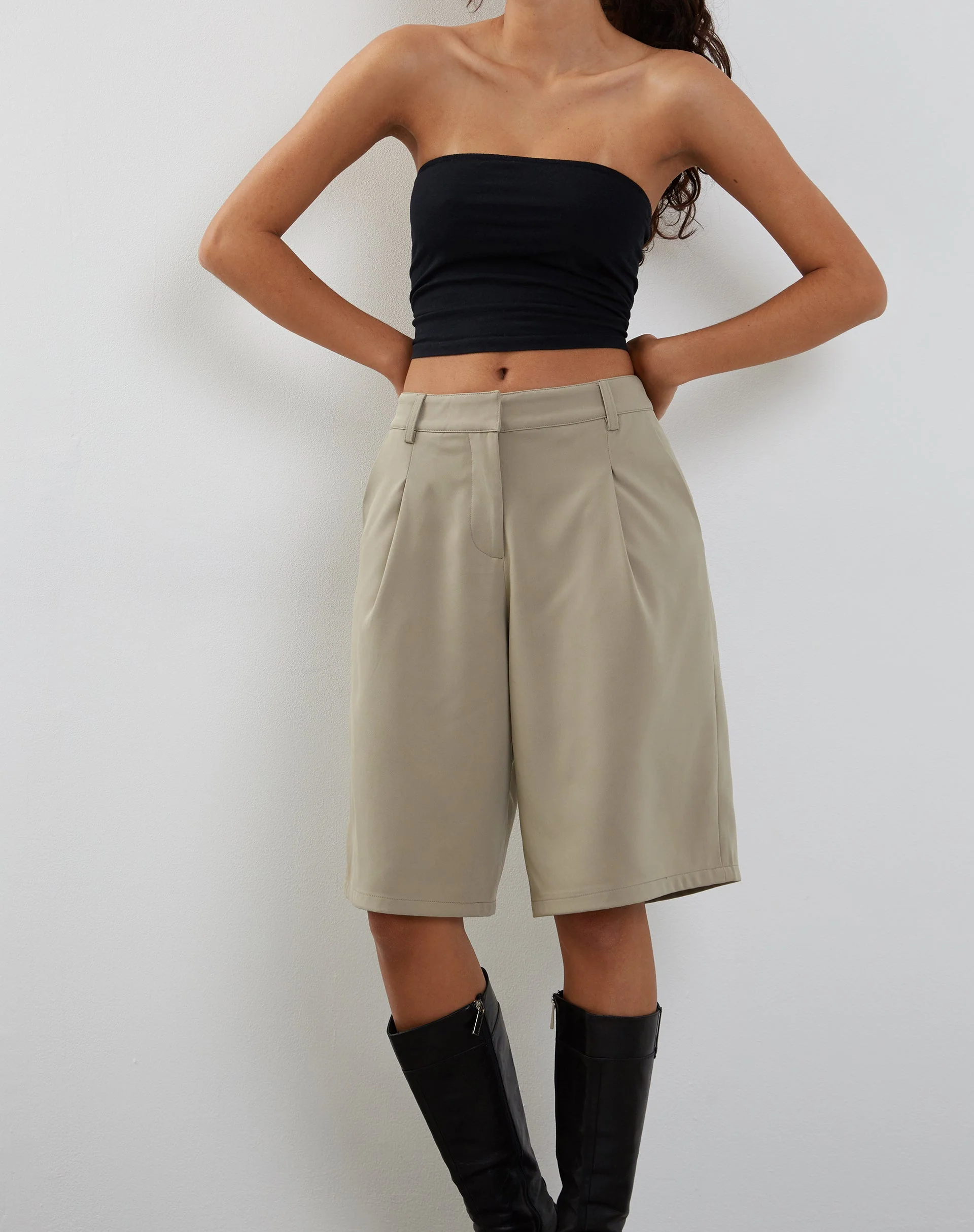 Setya Long Line Tailored Shorts in Taupe - Image 2