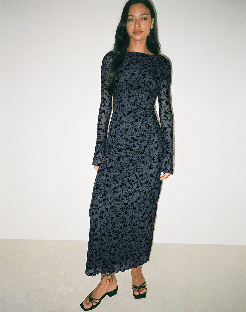 Shaleed Maxi Dress in Pretty Petal Flock Navy - Image 5