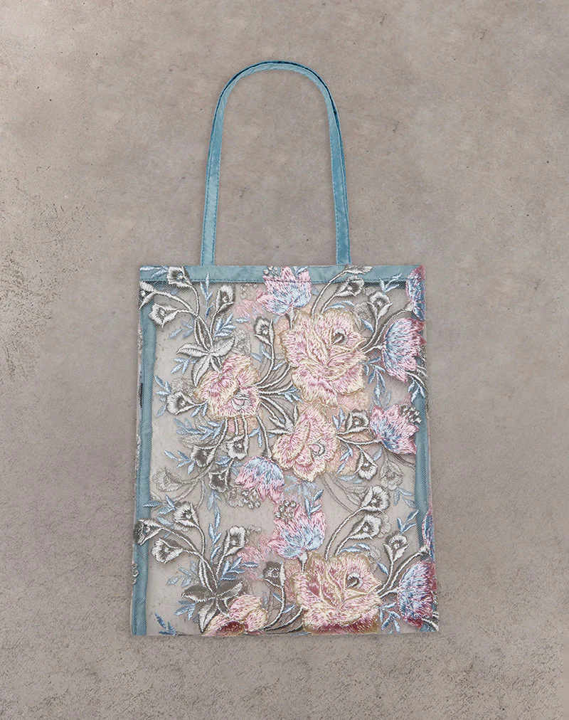 Shi Bag in Natural Lace Embroidery with Blue Satin Binding