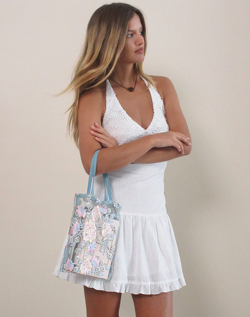 Shi Bag in Natural Lace Embroidery with Blue Satin Binding - Image 3